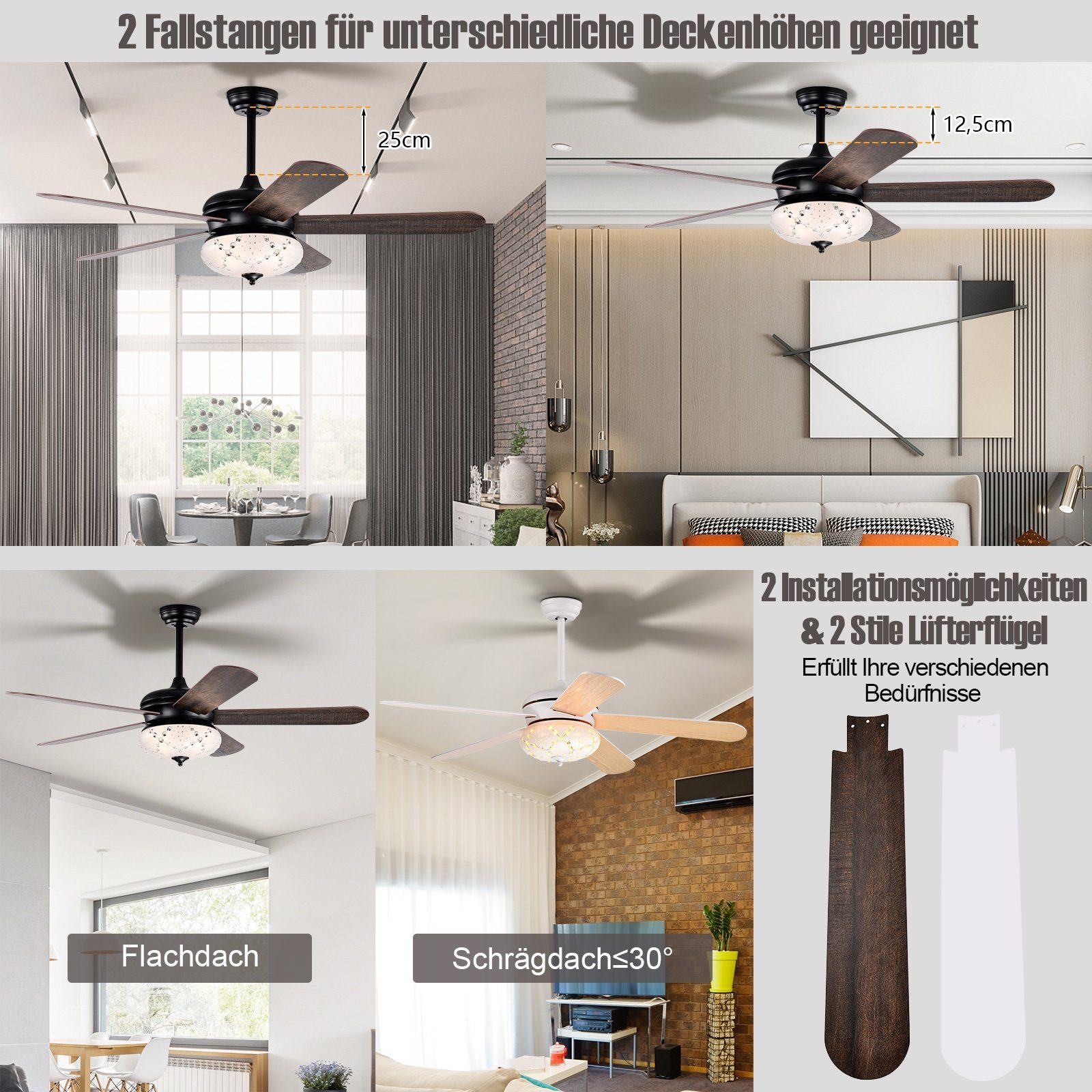 COSTWAY Deckenventilator, Stäben, Fernbedienung 2 3 Windgeschwindigkeiten, Schwarz+Braun