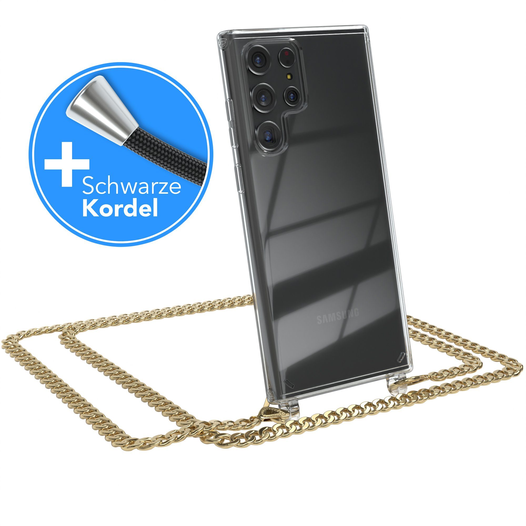 EAZY CASE Handykette 2in1 Metallkette für Samsung Galaxy S22 Ultra 5G 6,8 Zoll, Hülle mit Band Silikonhülle durchsichtig Necklace Cover Slimcover Gold