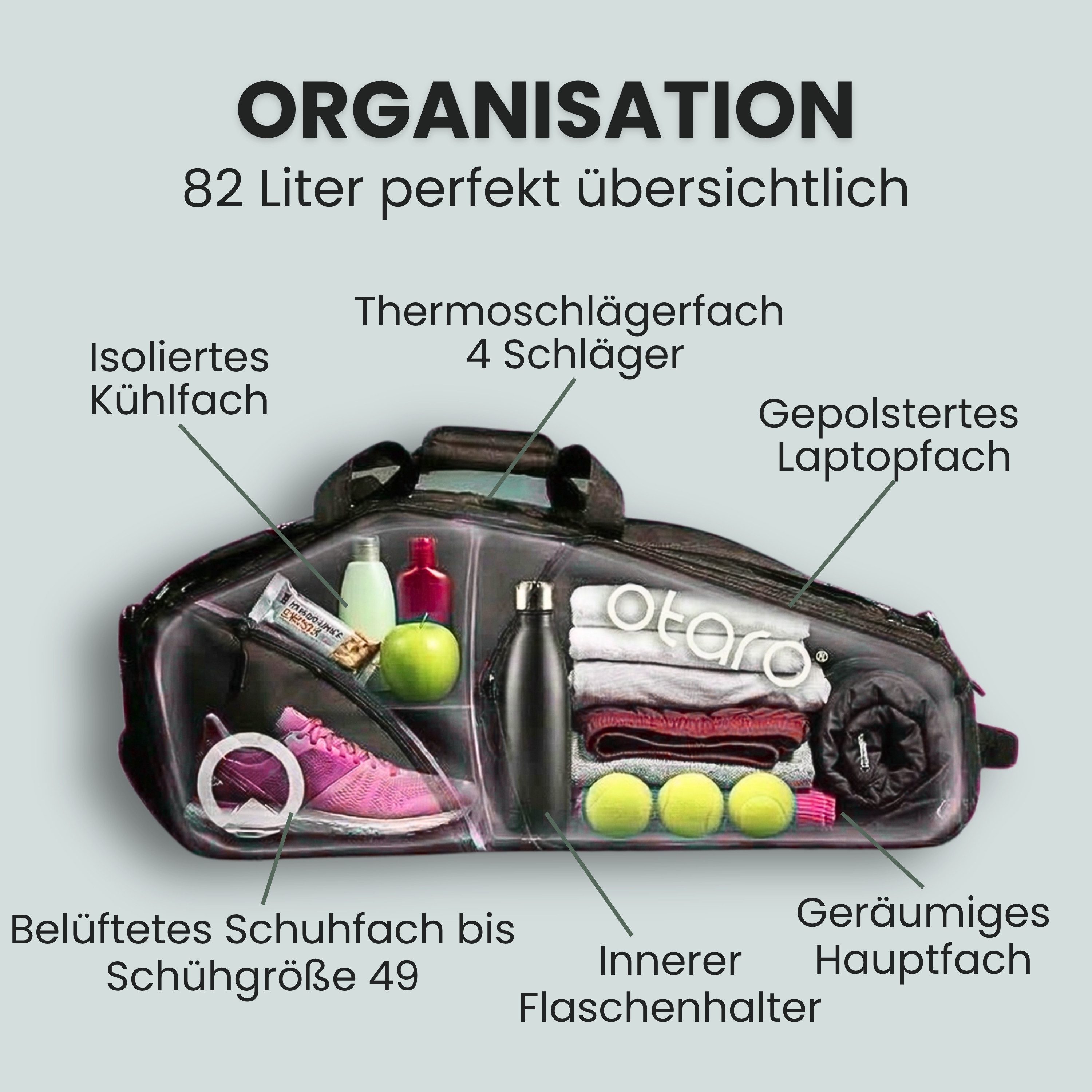 Otaro Tennistasche Tennistasche Racquet Bag, 82 Liter