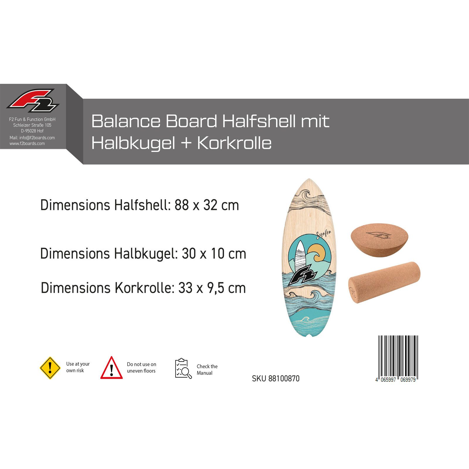 F2 Balanceboard F2 Set Balance Board Halfshell 88x32cm + Halbkugel und Korkrolle