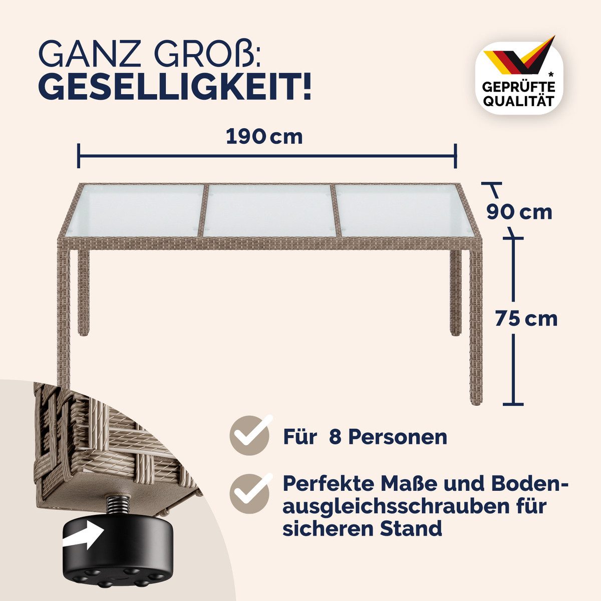Casaria Gartentisch, Wetterfest 190x90cm Polyrattan Höhenverstellbar 5mm Sicherheitsglas
