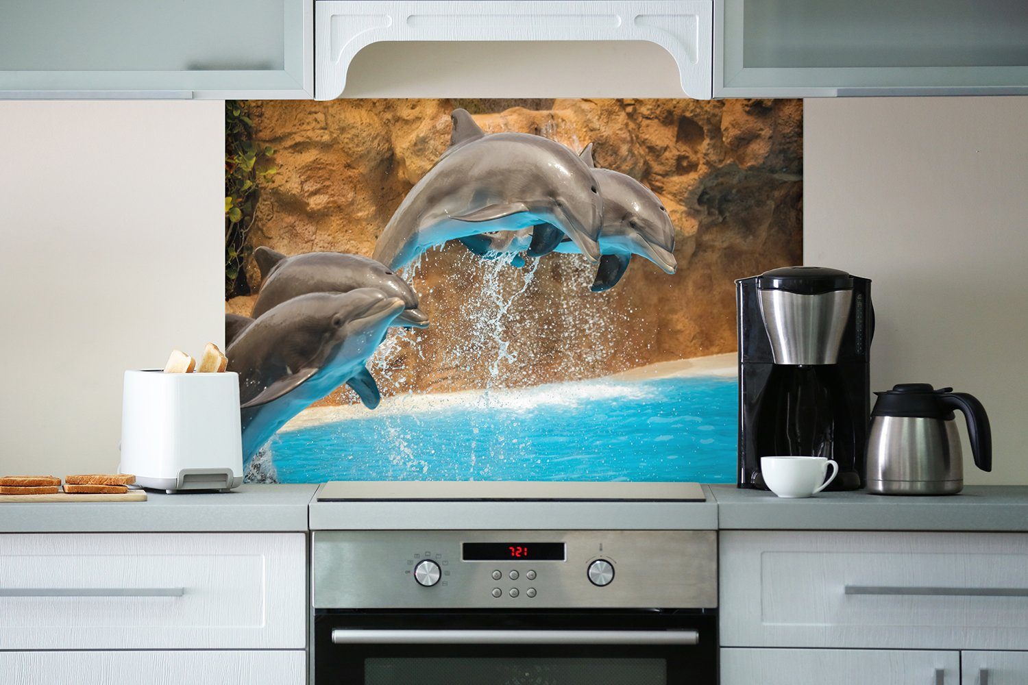 Wallario Küchenrückwand Springende Delphine, (1-tlg)