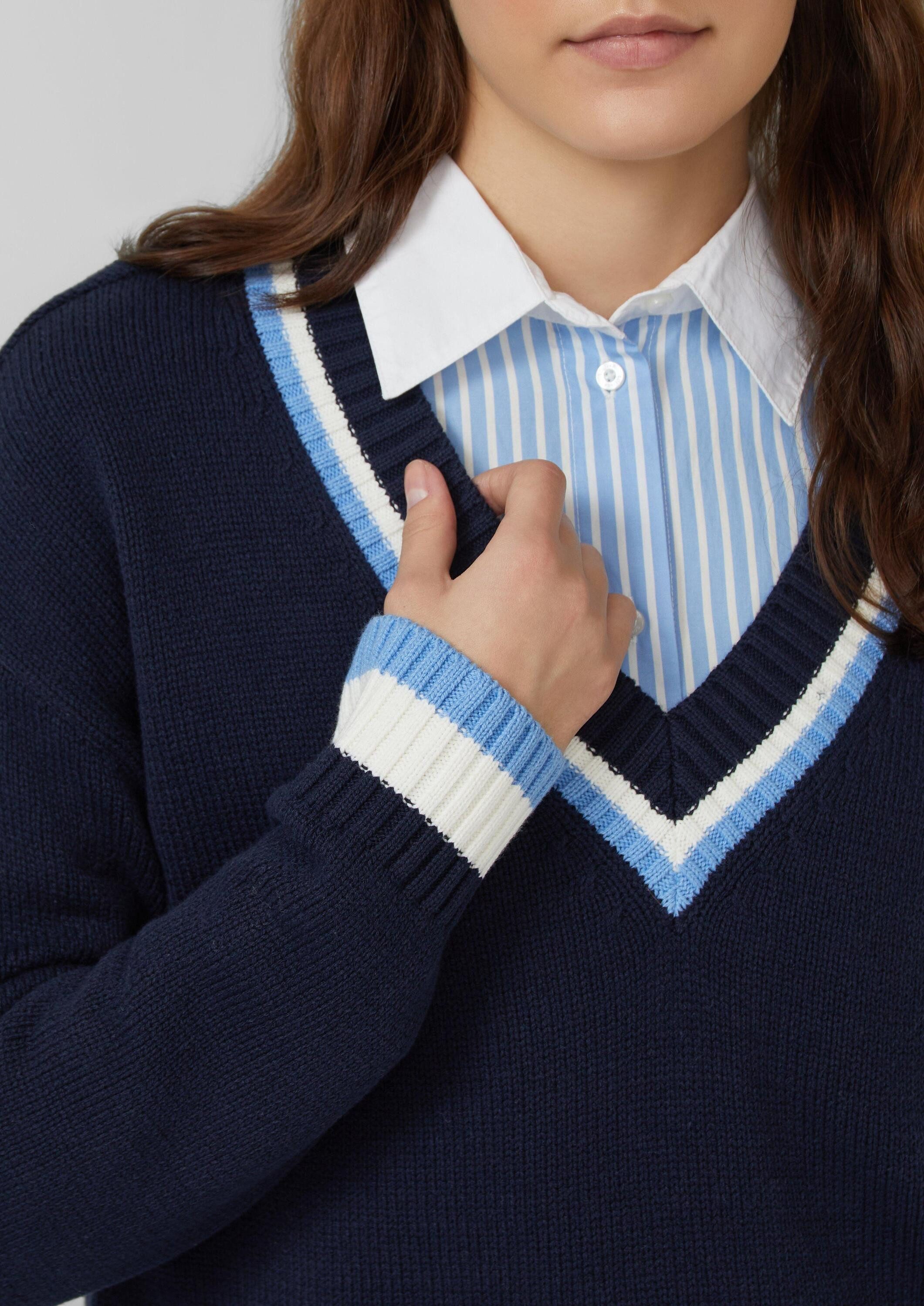 s.Oliver Longpullover Strickpullover Strickpullover aus Baumwollmix mit tiefem V-Ausschnitt