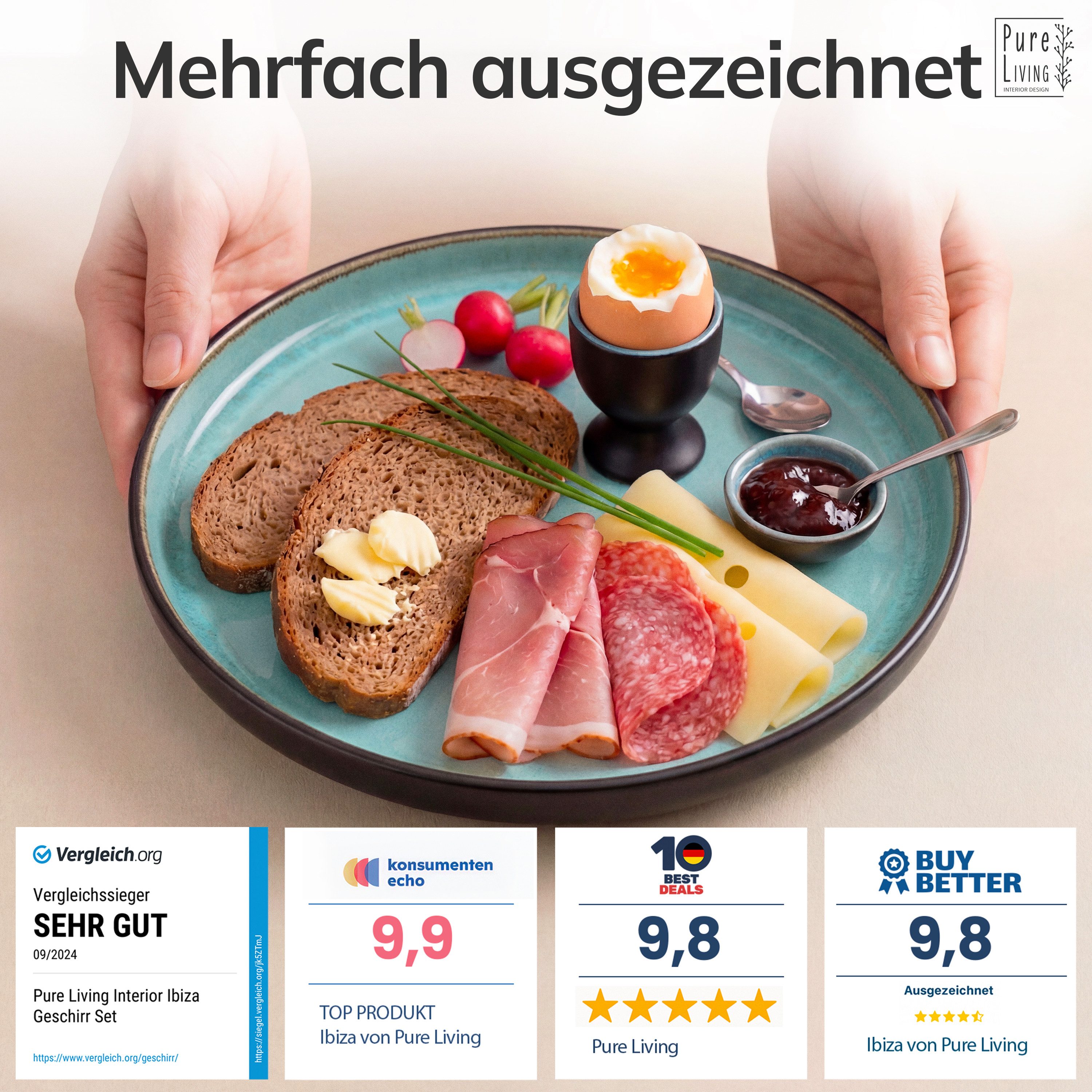 PURE LIVING INTERIOR DESIGN Geschirr-Set Ibiza Dessertteller, Frühstückteller, 6er-Set, 20 cm, Salbeigrün (6-tlg), 6 Personen, Steingut – Bild 3 von 5
