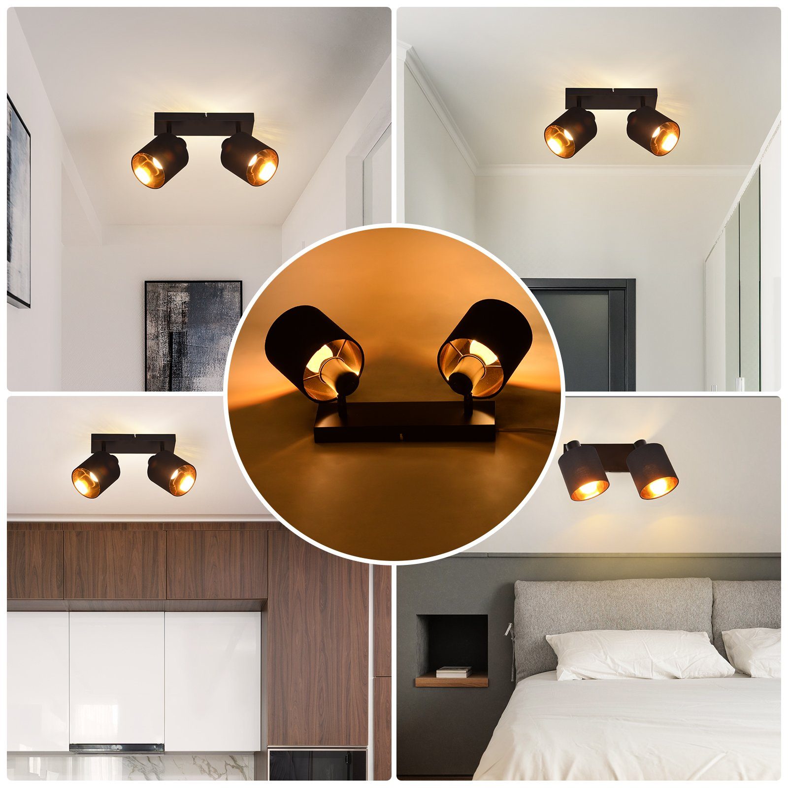 Nettlife Deckenstrahler 1/2/3/4 Flammig Vintage Holz Schwarz E14 Schwenkbar Deckenleuchte, Schwenkbar 350°, LED wechselbar, Wohnzimmer Schlafzimmer Küche Flur