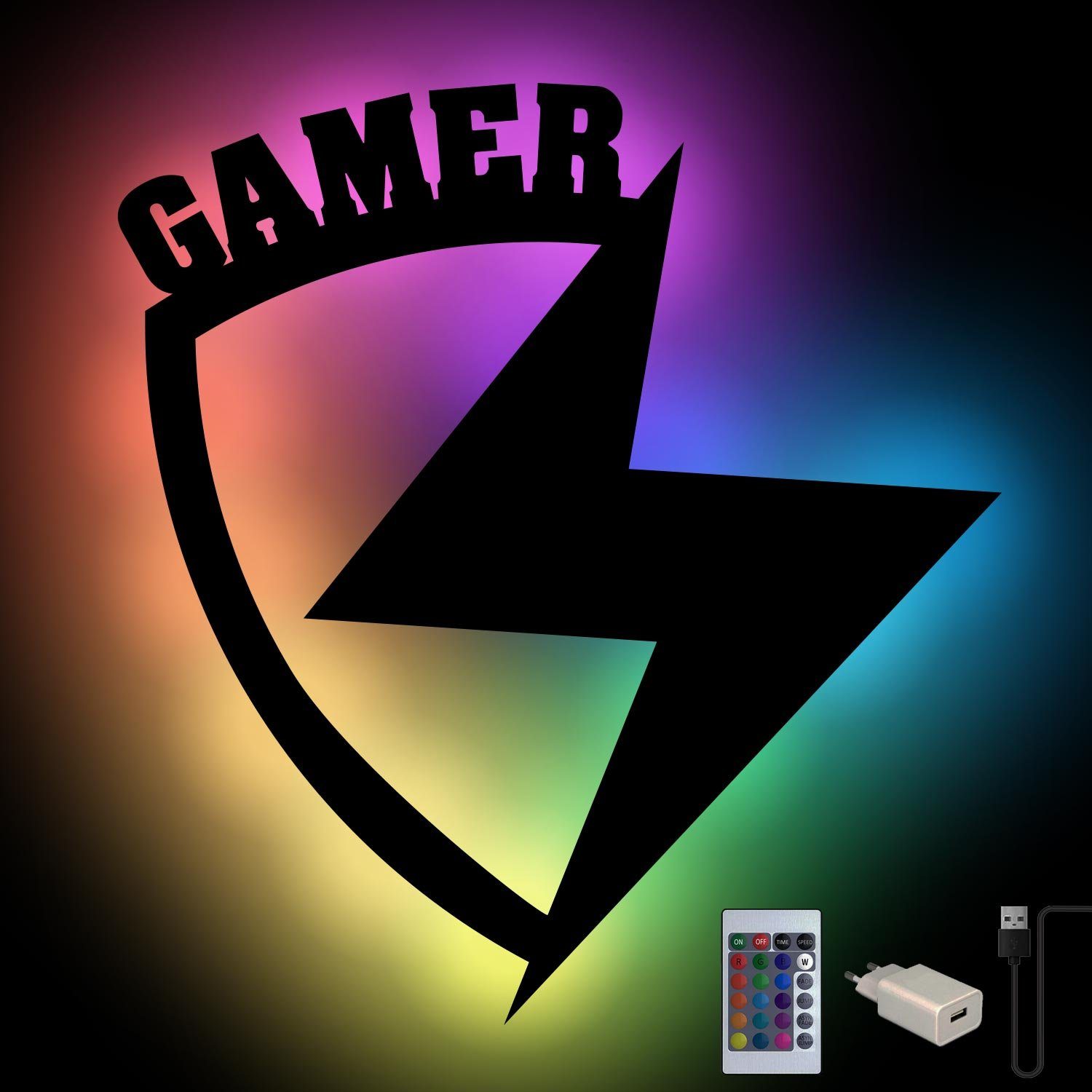 Namofactur LED Dekolicht Gamer RGB USB LED Schild Blitz mit Fernbedienung und Netzteil, LED fest integriert, Farbwechsler Unbehandelt