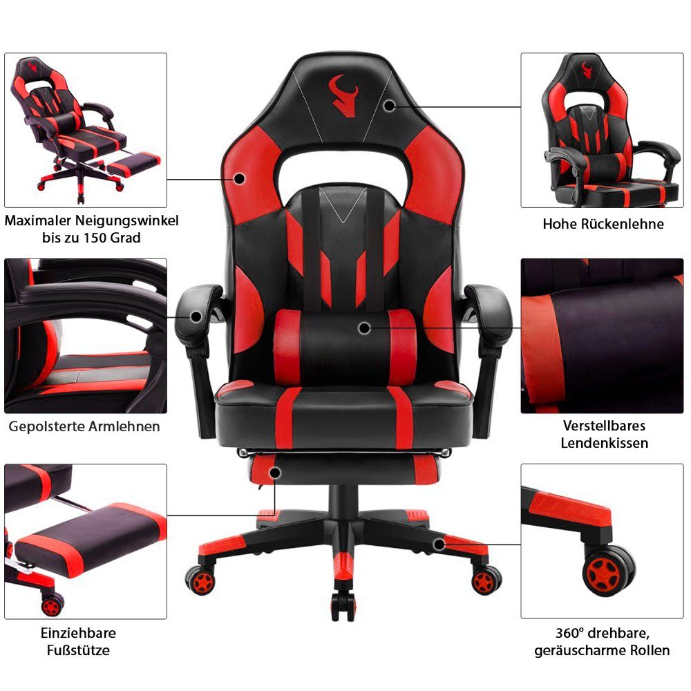 Mucola Gaming Chair Bürostuhl Chefsessel Schreibtischstuhl Sportsitz Gamingstuhl Fußstütze (Stück, 1 St), Ergonomisch