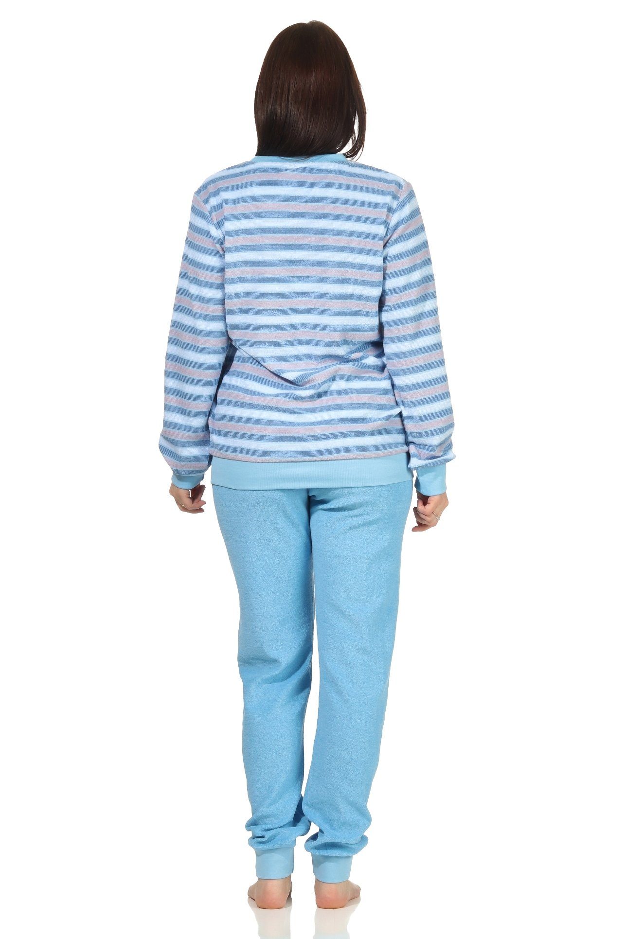 Creative by Normann Pyjama Schlafanzug hellblau Damen Ringeloptik mit Frottee Bündchen in