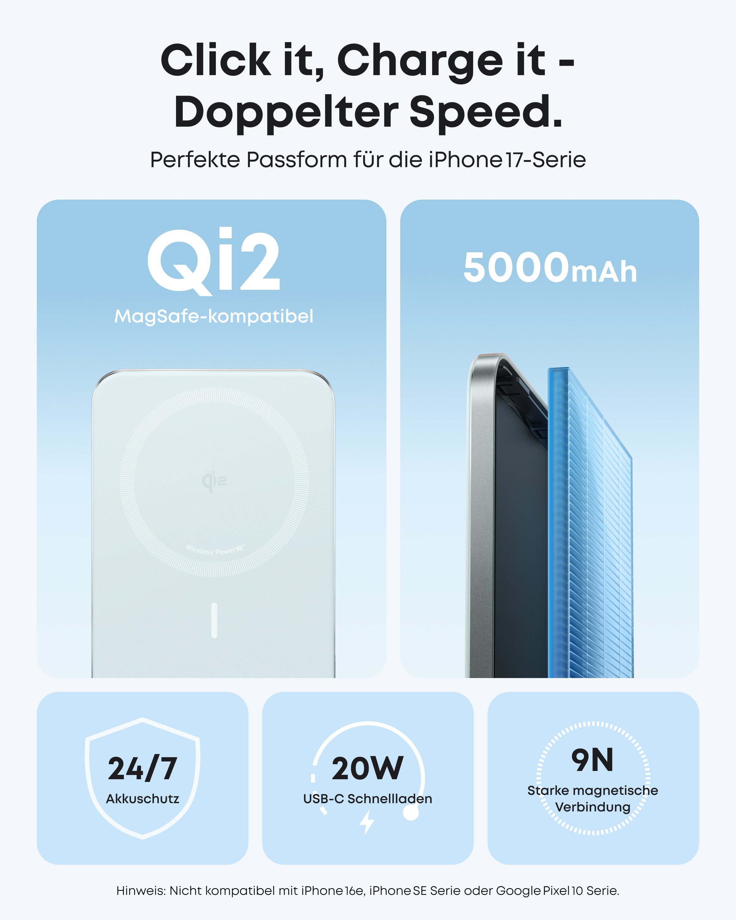 Anker Anker Nano Powerbank, Qi2-zertifiziert, 5000mAh Magnet- Powerbank 15W Max ultraschnelles Laden, MagSafe-kompatibel, tragbares Ladegerät 5000 mAh (5 V), Kabelloses Laden, für iPhone 17/16/15/14/13