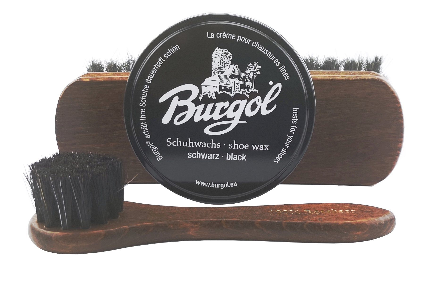 Schuhwachs schwarz, Cremebürste, Rosshaarbürste mit Pflegetipps