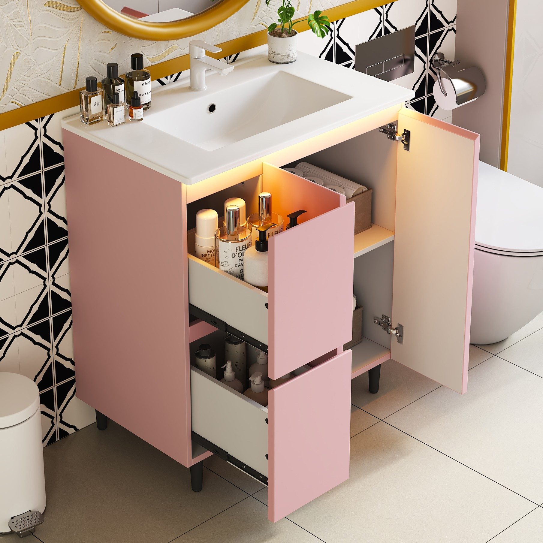 BlingBin Waschtisch Freistehender Badezimmer-Waschtischunterschrank mit Keramikbecken (1er Set, 1-St., 76*47*89cm), Radarsensor-LED-Beleuchtung, 2 Schubladen, Soft-Close-Scharniere