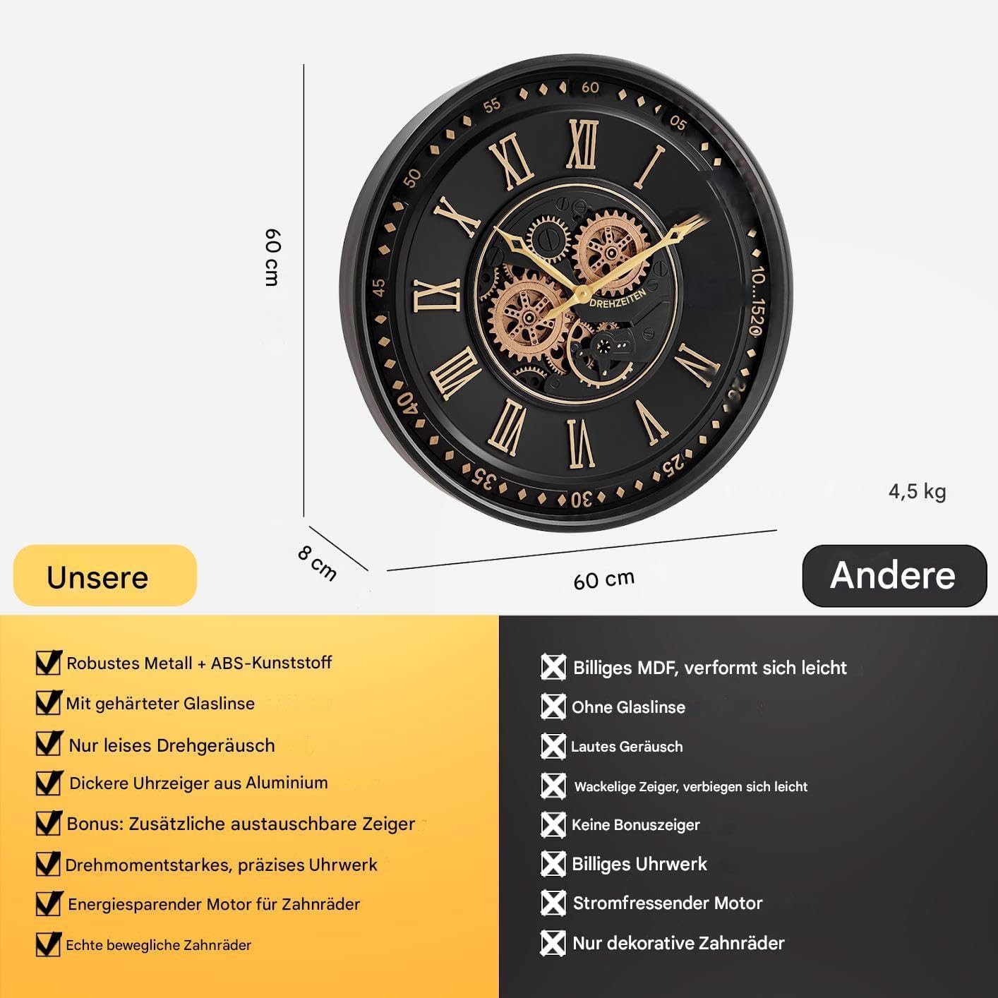 Samilito Uhr 59,5 cm mit echtem Bewegungsgetriebe Zahnrädern