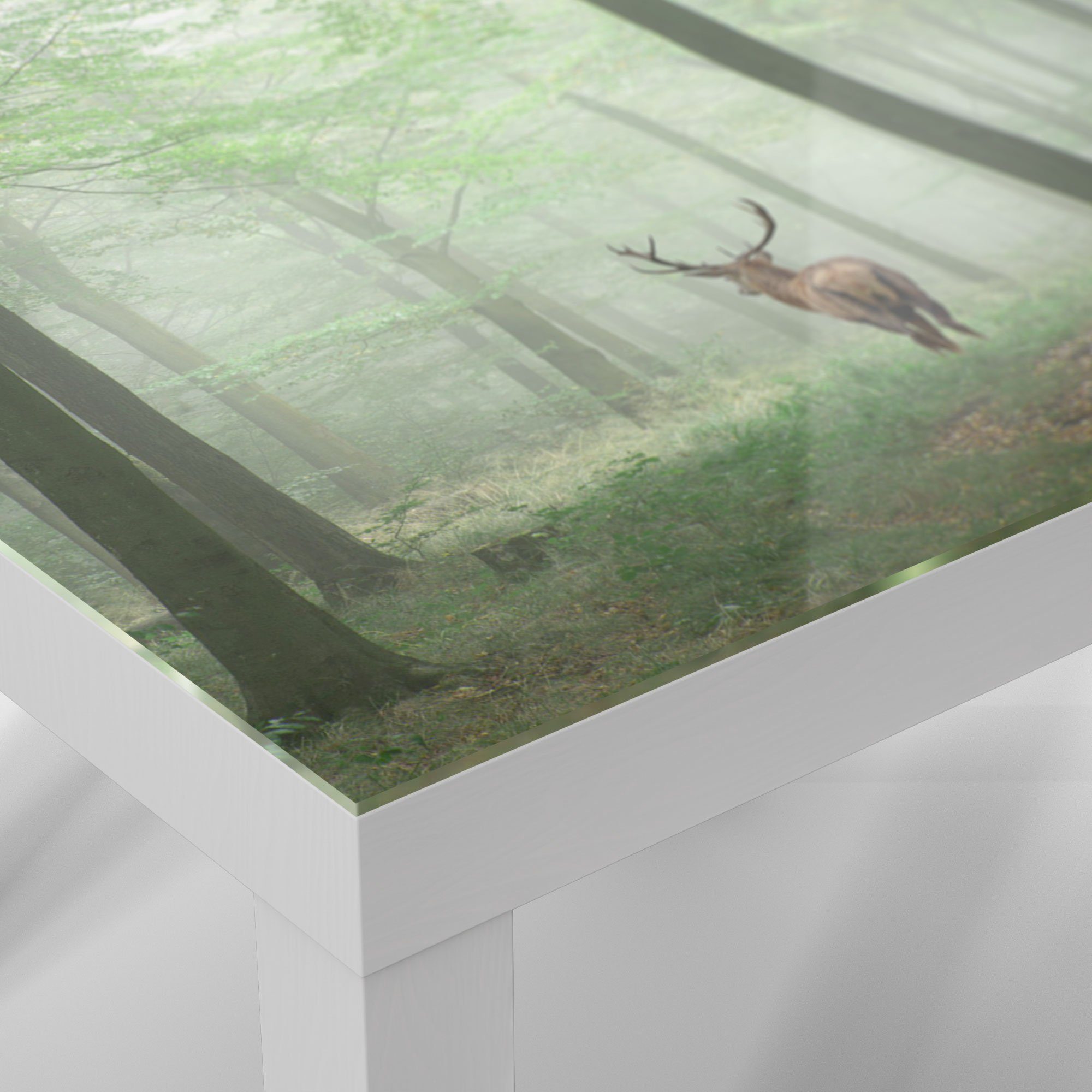 DEQORI Couchtisch 'Hirsch Beistelltisch Glastisch Glas Bäumen', Weiß modern zwischen