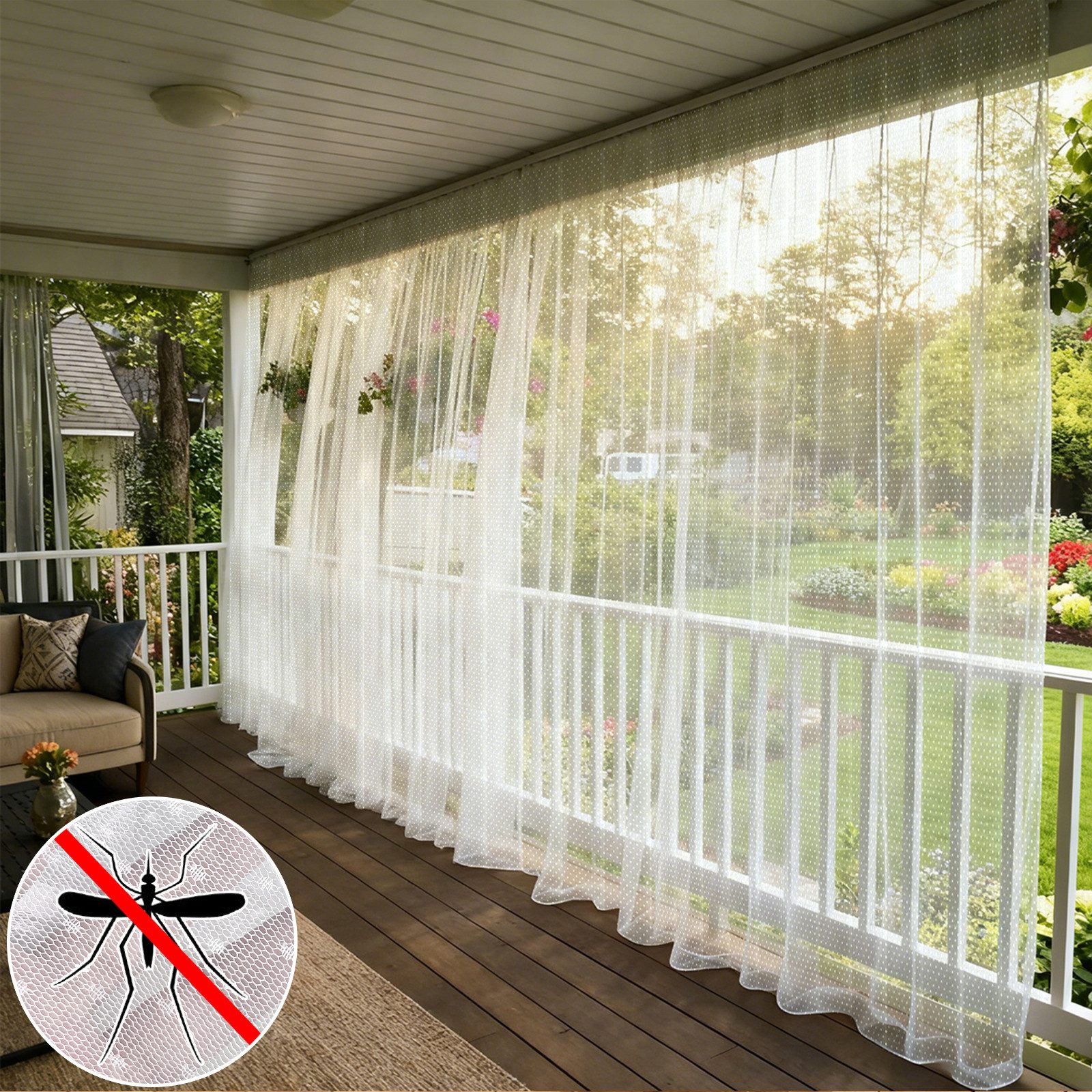 Rosnek Outdoorvorhang Moskitonetz Outdoor Vorhang Balkon, Punkte, Insektenschutz windfest (1 St), 1/2er Set, 30GSM dicht, Stangendurchzug, Pavillon Insektenschutz