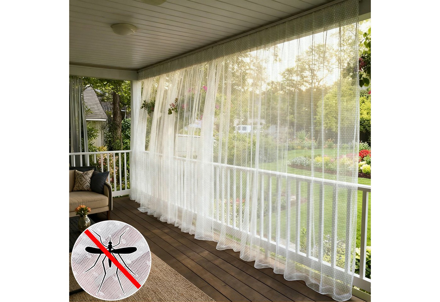 Rosnek Outdoorvorhang Moskitonetz Outdoor Vorhang Balkon, Punkte, Insektenschutz windfest (1 St), 1/2er Set, 30GSM dicht, Stangendurchzug, Pavillon Insektenschutz