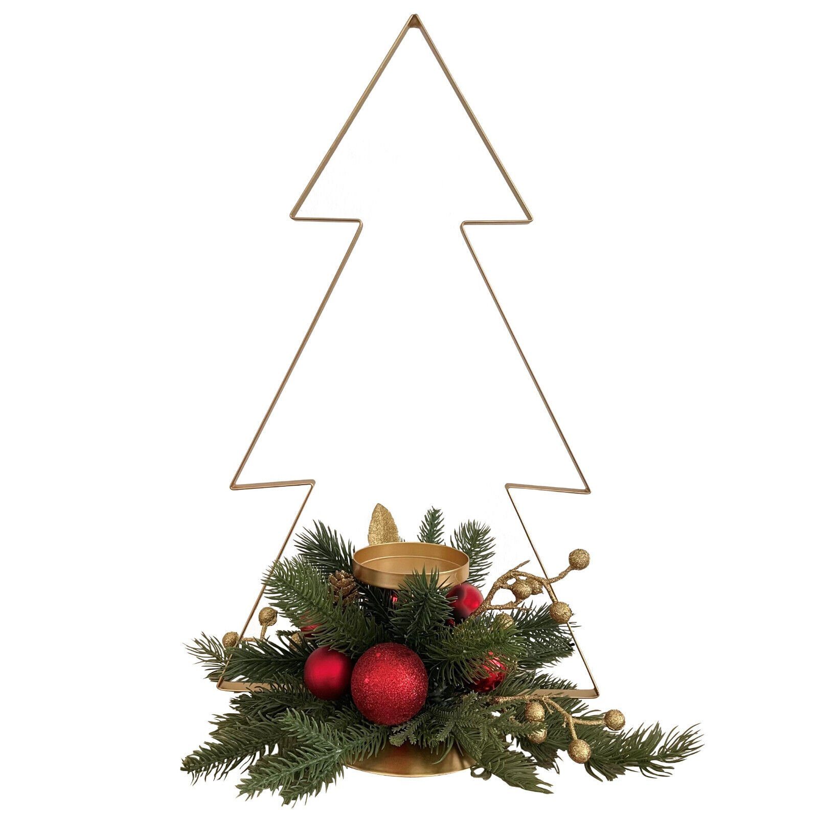 Online-Fuchs Торшеры als Gesteck in Weihnachtsbaum-Form mit Kugeln, Подсвечник (nutzbar für Stumpenkerzen bis zu 7,5 cm im Durchmesser, geschmückt mit Tannenzweigen, Kugeln mit Glitzer und Tannenzapfen), aus Metall, Maße: 49x28x28 cm