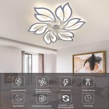 ZMH LED Deckenleuchte LED Deckenlampe Mit Fernbedienung Leise-Deckenventilator Wohnzimmer, Augenschutz, LED fest integriert, Tageslichtweiß, 6 Lichter Design, Timing, Anwendungsbereich, für Schlafzimmer