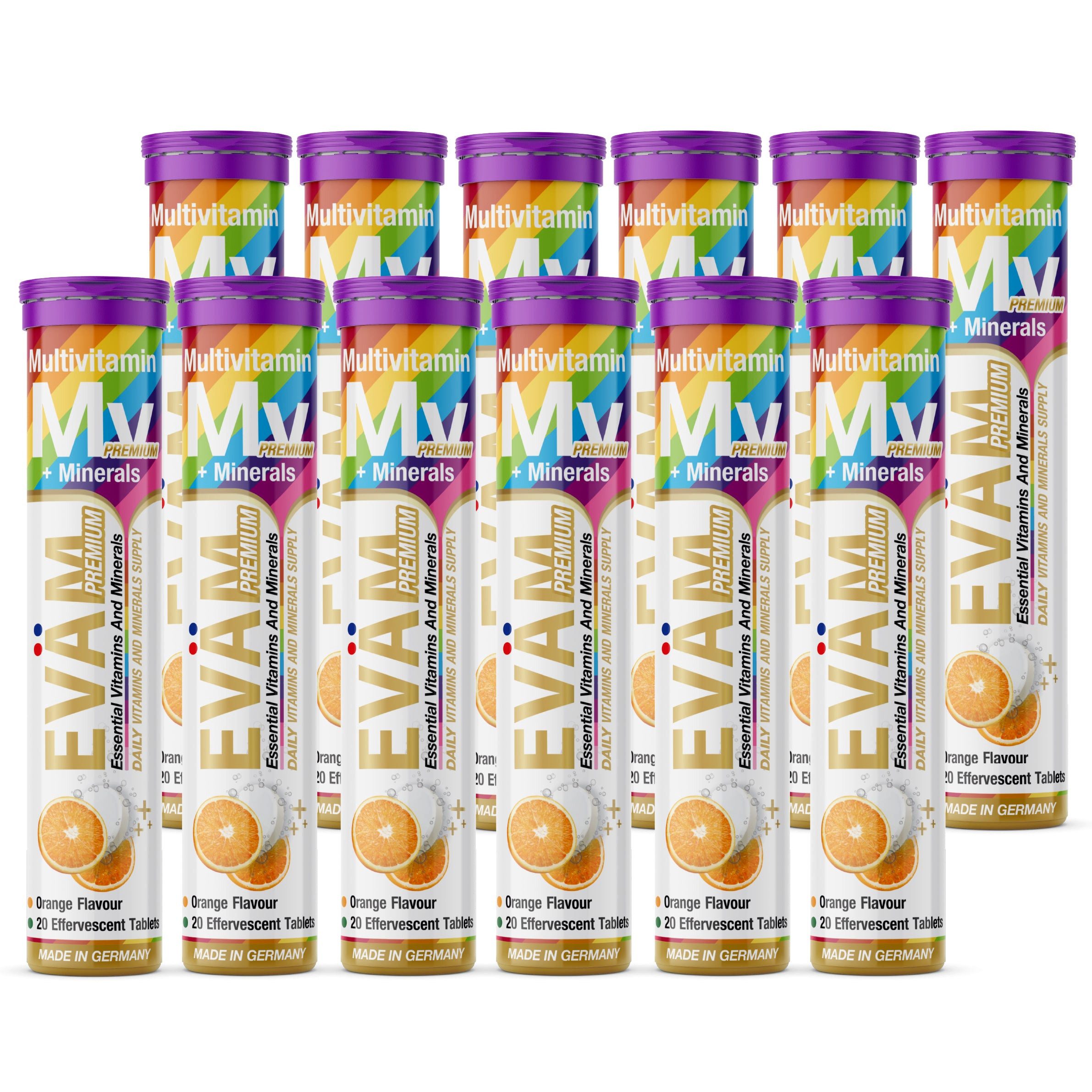 EVÄM Multivitamin + Mineralien Brausetabletten, Orange, vegan Brausetabletten, 12 er Packung à 20 St., 984 g, Made in Germany