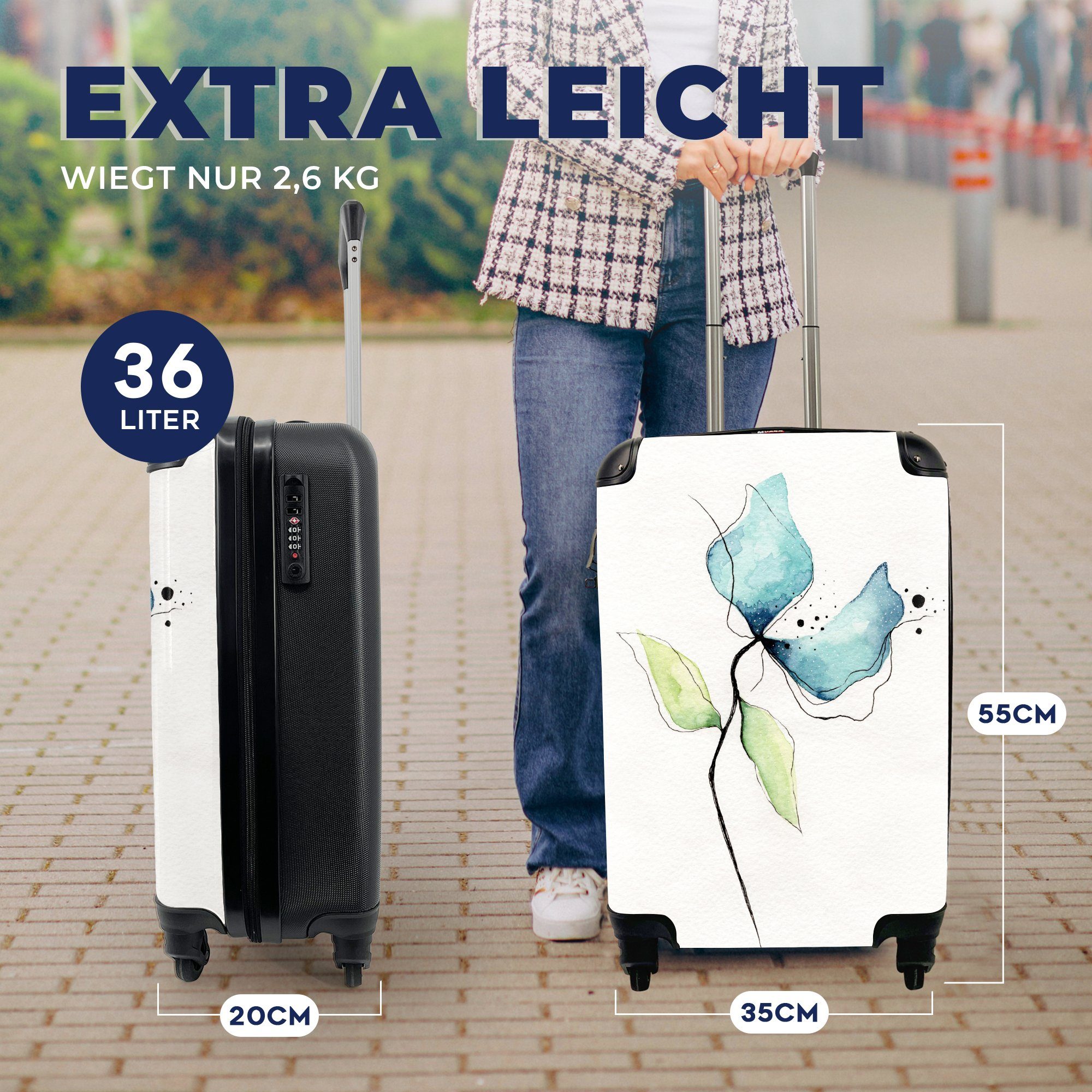 Handgepäckkoffer Reisetasche Ferien, mit Reisekoffer 4 - Aquarell Blumen für - rollen, Trolley, Handgepäck Rollen, Blau, MuchoWow