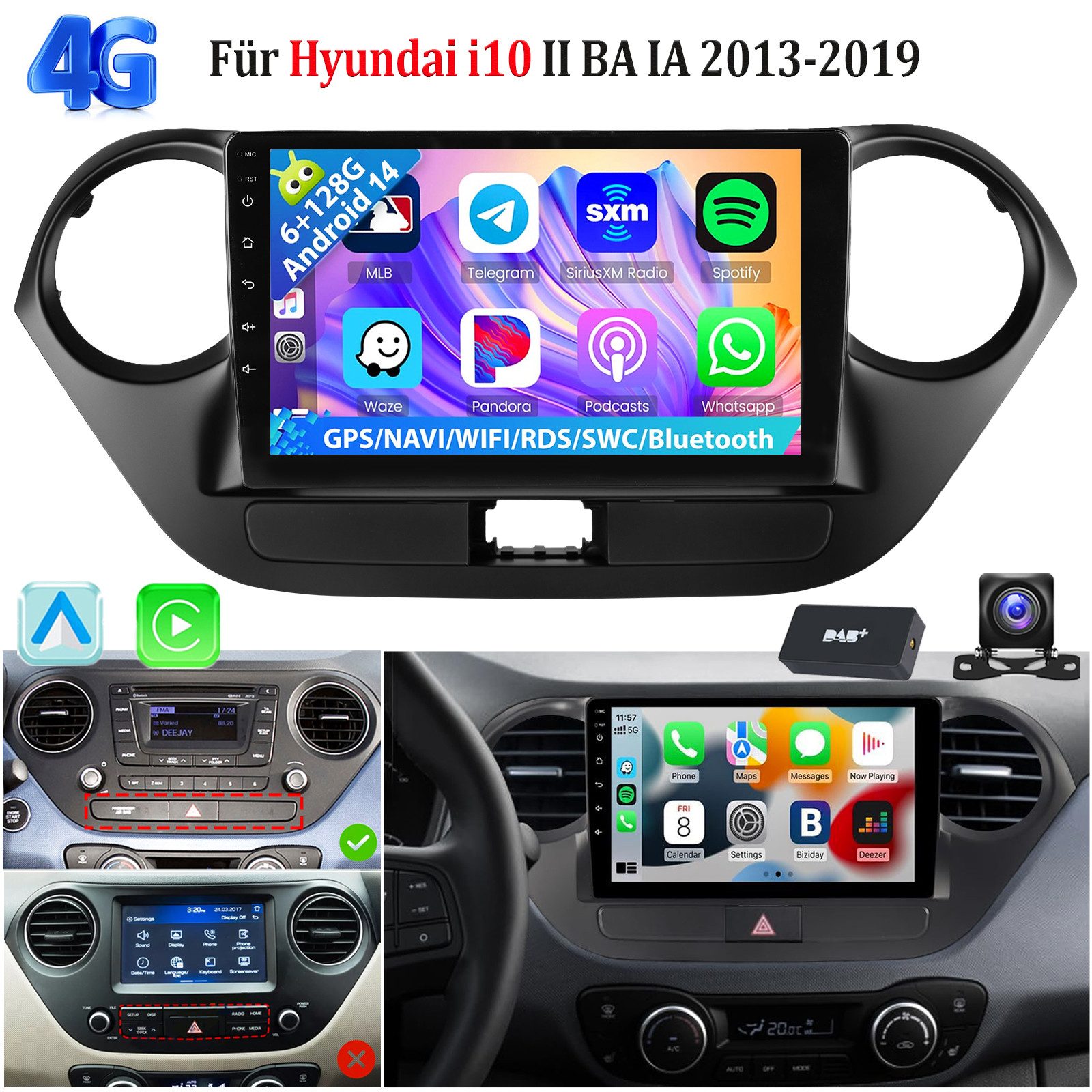 ESSGOO Autoradio 6+128G Android 15 CarPlay GPS Für Hyundai i10 II IA/BA 13-16 Autoradio (RDS, 6GB+128GB, 4G LTE, DAB (optional), FM, AM, DAB+ (optional), Carplay Android Auto Bluetooth EQ USB GPS Navi WIFI Touchscreen)