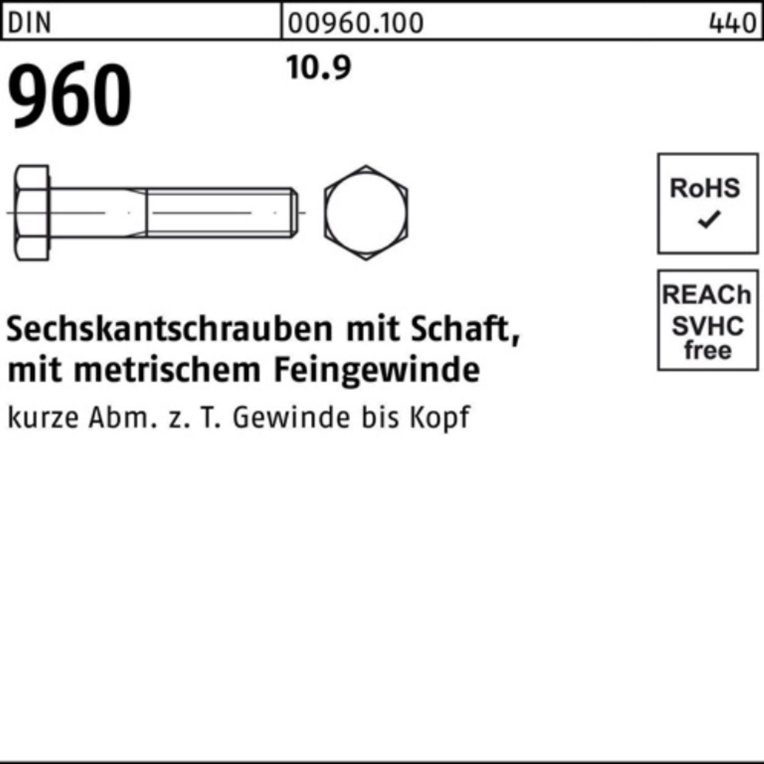 Reyher Sechskantschraube 100er 45 Stüc Pack Sechskantschraube Schaft 100 DIN 960 10.9 M12x1,5x