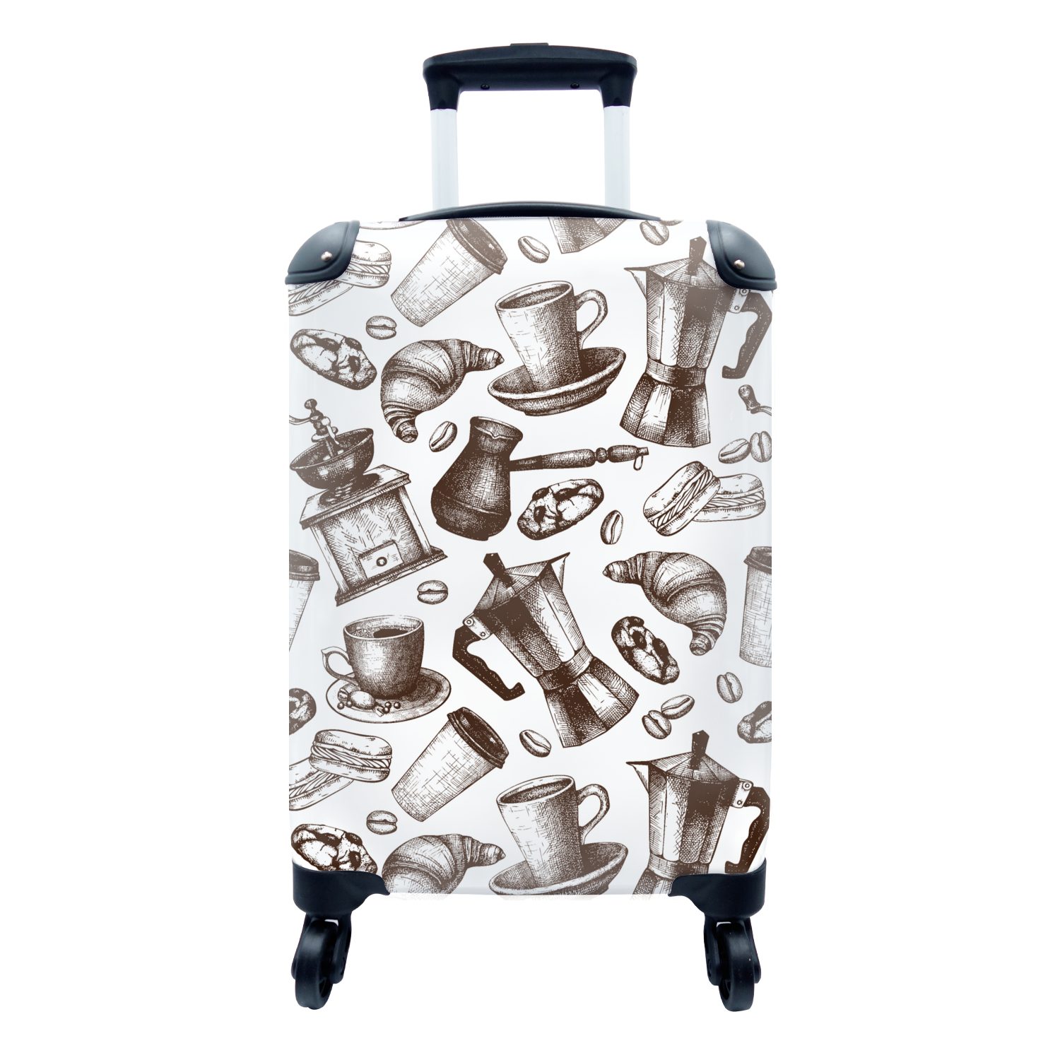 MuchoWow Handgepäckkoffer Kaffee - Croissant - Muster, 4 Rollen, Reisetasche mit rollen, Handgepäck für Ferien, Trolley, Reisekoffer