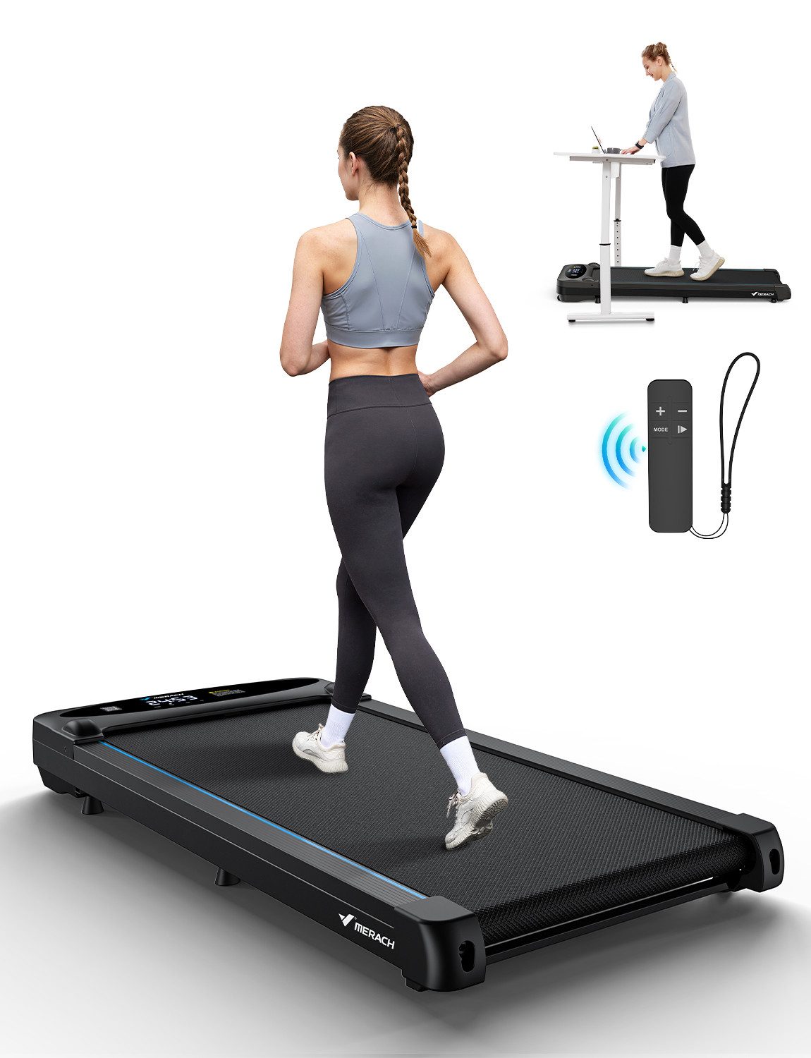 MERACH Laufband 3-in-1 Laufband, 2,75 HP, leise Laufmaschine für Zuhause oder Büro (mit 6 Silikon-Stoßdämpfern, 5-lagigem rutschfesten Laufband, Bluetooth, LED-Display, Fernbedienung, smarte Trainings-App), leise (45 dB), max. 120 kg, 1-6 km/h, personalisiertes Workout