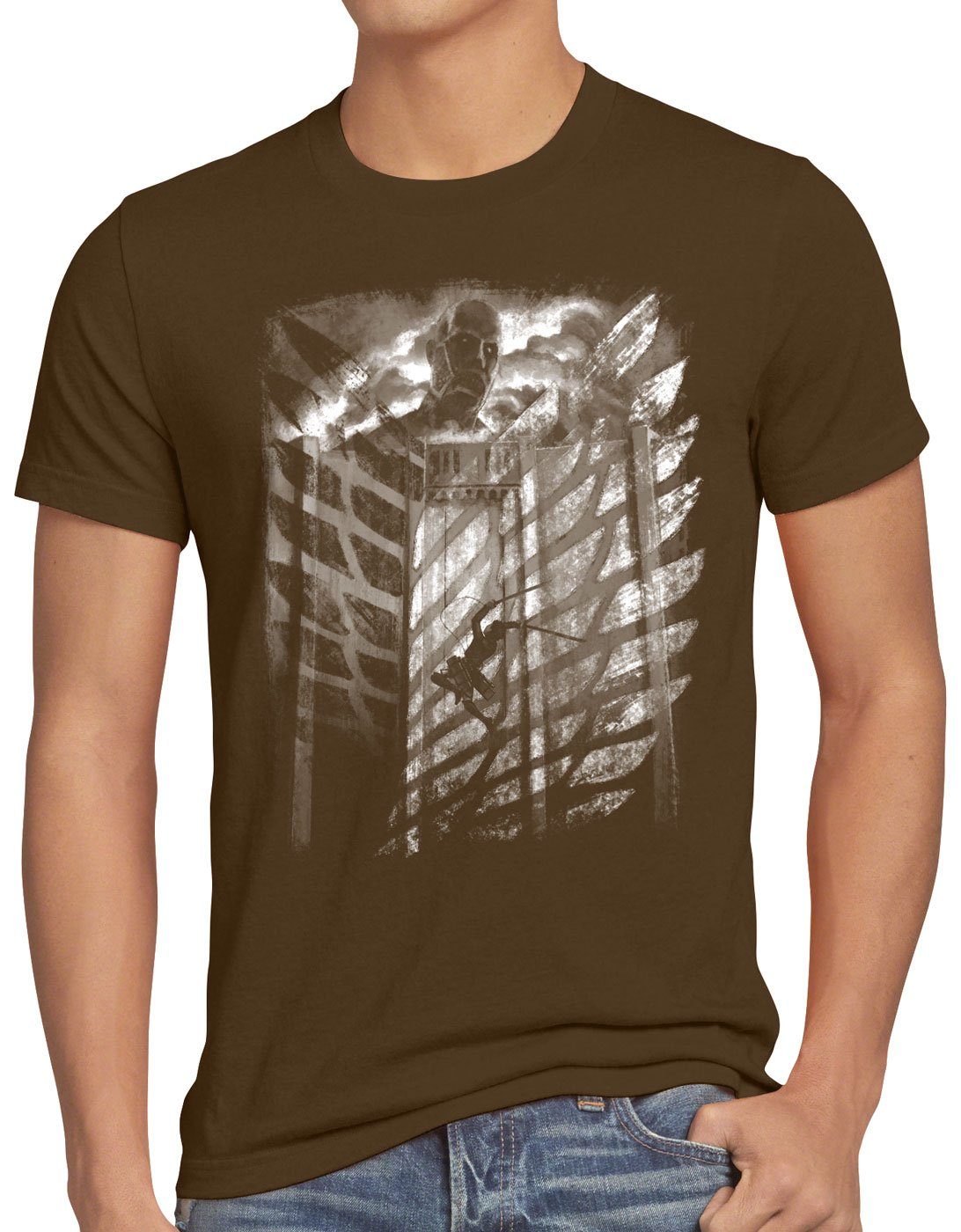 style3 Print-Shirt Herren T-Shirt CottoCloud Jaeger Flying AoT Titan on Attack braun
