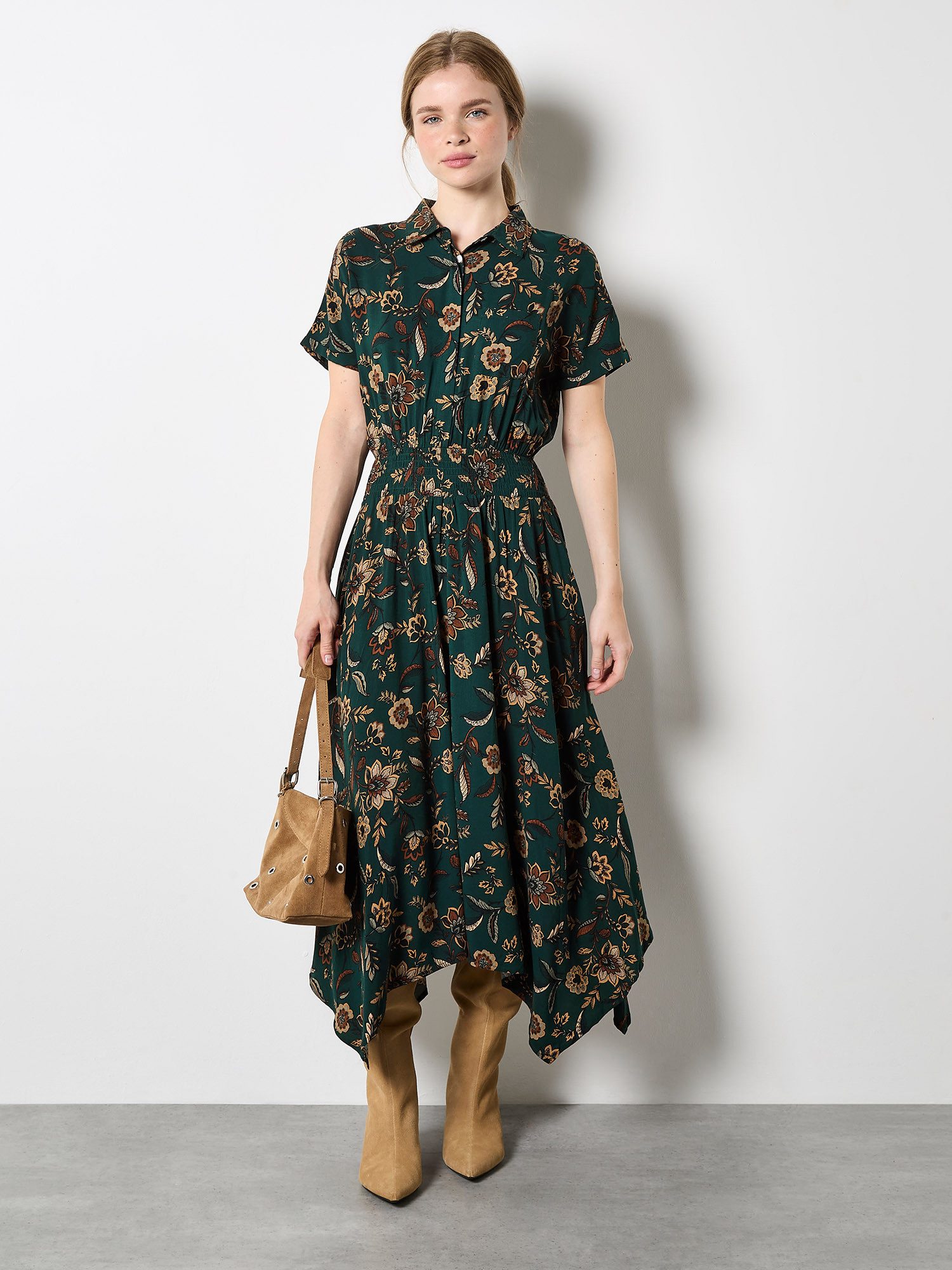 Apricot Druckkleid Florales Midikleid mit Seitentaschen, mit halber Knopfle günstig online kaufen