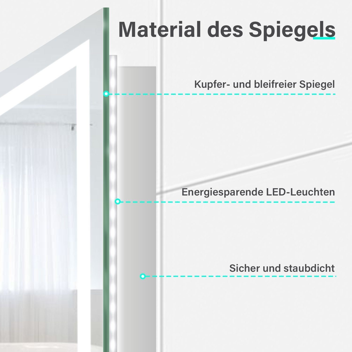 SONNI Badspiegel Badezimmerspiegel, Lichtspiegel mit Beleuchtung, Wandschalter, 60×50 Badspiegel, IP44 Wandspiegel, cm, Badspiegel, LED