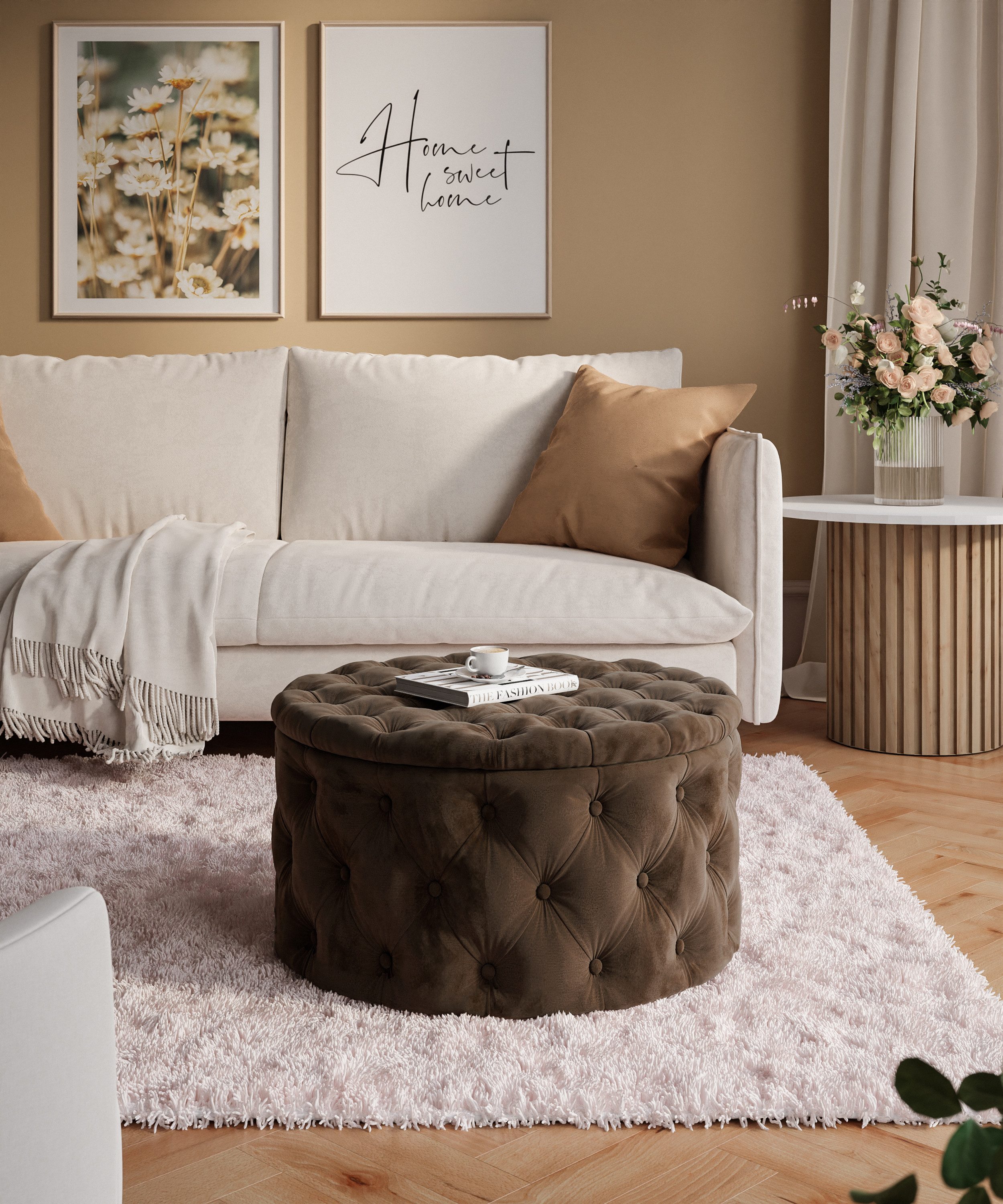 Lookway Hocker CHESTERFIELD runder gesteppter mit Staufach (1x Hocker), Durchmesser: ø70 cm