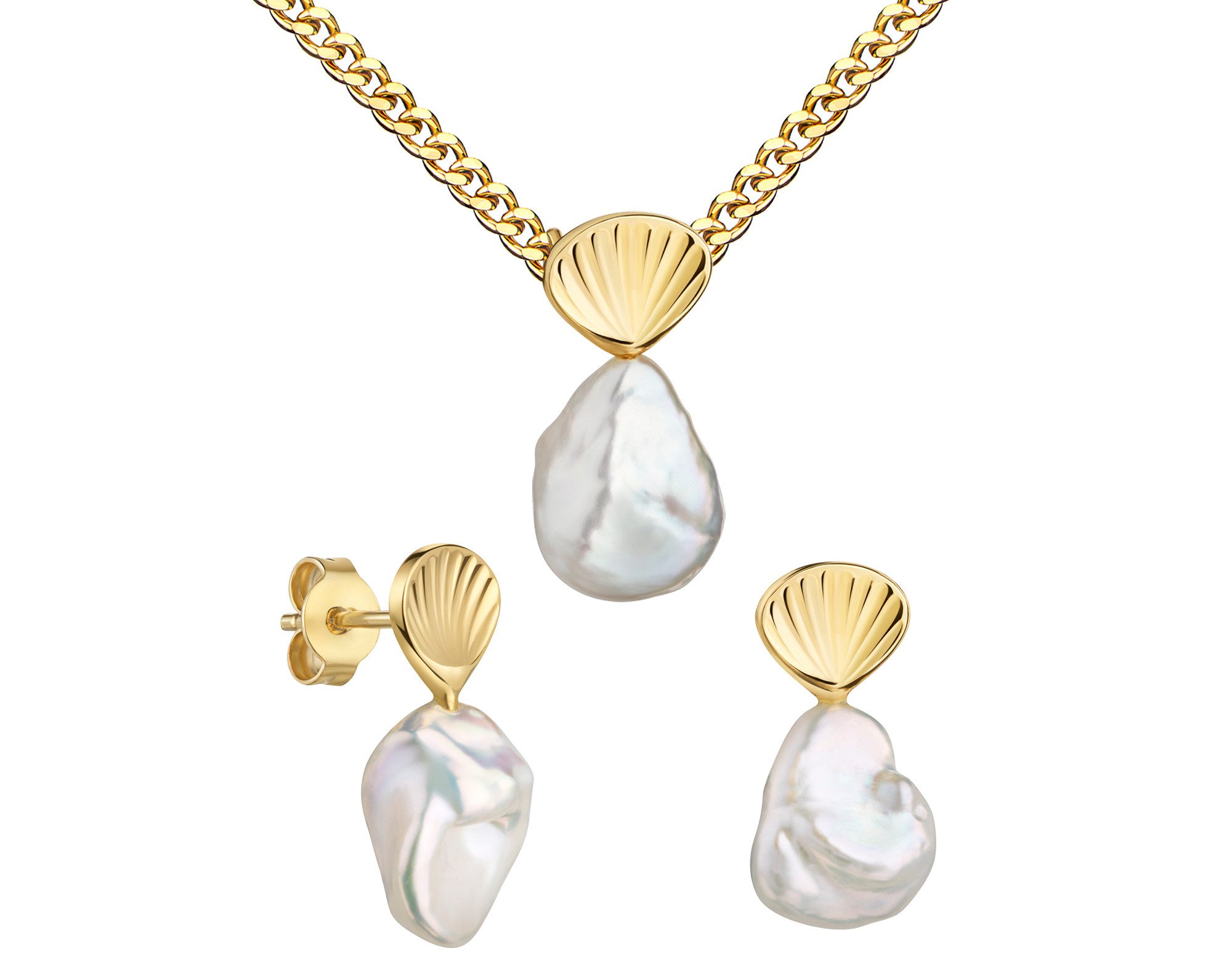 JEVELION Schmuckset Keshi Perle mit Goldmuschel Anhänger 2 Ohrstecker 333 Gold perle weiß (Goldanhänger + Gold-Ohrschmuck, für Damen und Mädchen), Mit Kette vergoldet- Länge wählbar 36 - 70 cm oder ohne Kette.