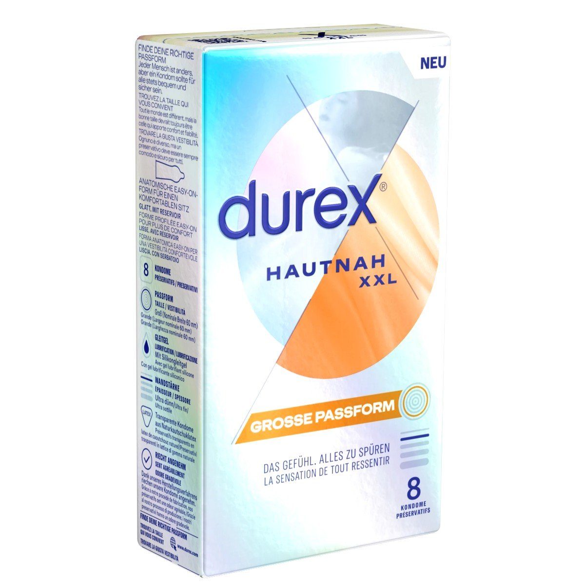 durex XXL-Kondome Hautnah XXL Packung mit, 8 St., ultra dünne Markenkondome mit Easy-On™-Passform | Kondome