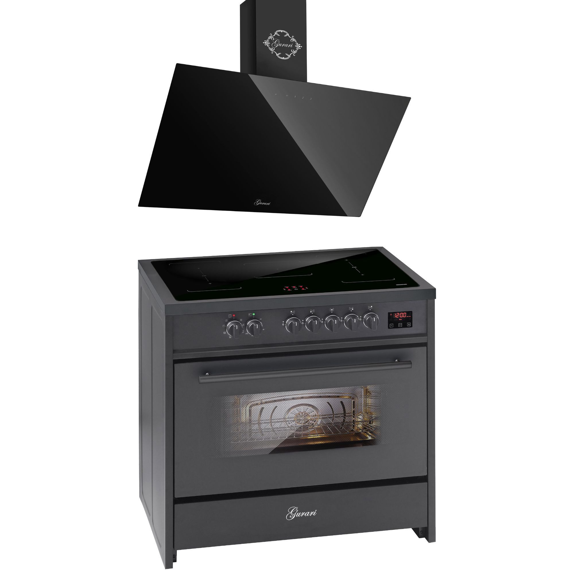 GURARI Induktions-Standherd Range Cooker 90 cm, Schwarz, 5 Kochzonen, 121L+Dunstabzugshaube 90 cm E 913 BL+GCH D 286 BL Prime., mit 1-fach-Teleskopauszug