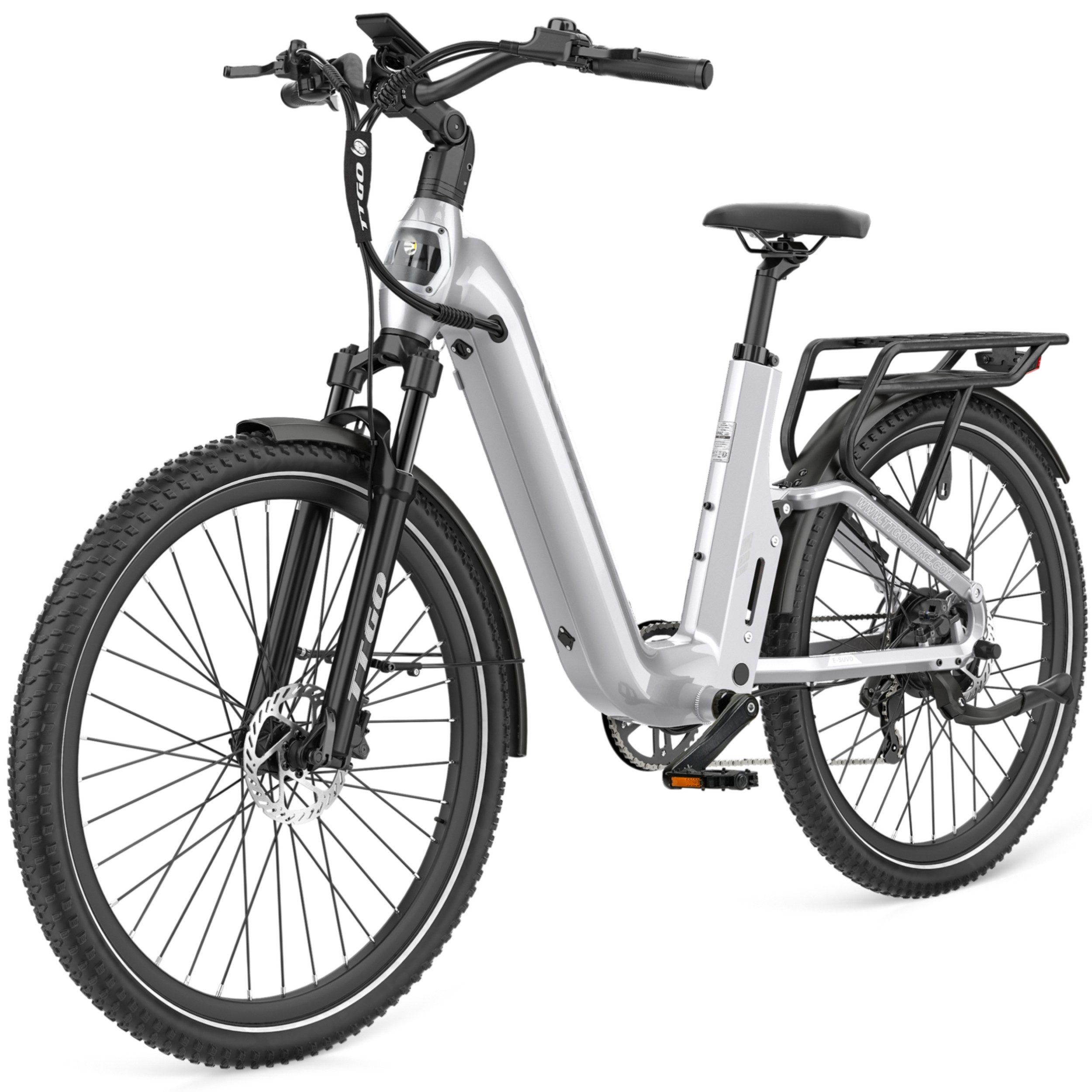 TTGO E-Bike Cityrad 28 Zoll Damen Herren, SUV, Fully, 48V 720Wh bis zu 140km, Bremslicht, 7 Gang Shimano ARDTY300D Schaltwerk, Kettenschaltung, Heckmotor, 720 Wh, (Lockout-Federgabel, Softtail, Farb-LCD-Display, Drehmomentsensor), Vollfederung, Elektrofahrrad mit Tiefeinstieg, Trekkingrad, Pedelec