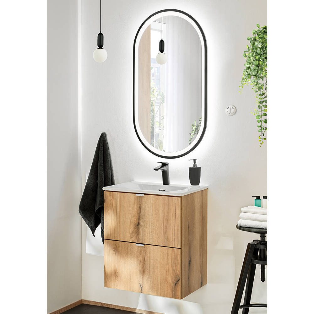 en.casa Badmöbel-Set, (2-St), »Skelbolu« Waschtisch inkl. Becken LED-Spiegel Eicheoptik