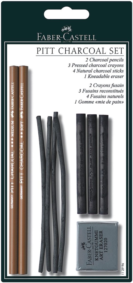 Faber-Castell Maltuch Reißkohle Pitt Charcoal Set in den Härten M/S/ES auf Blisterkarte