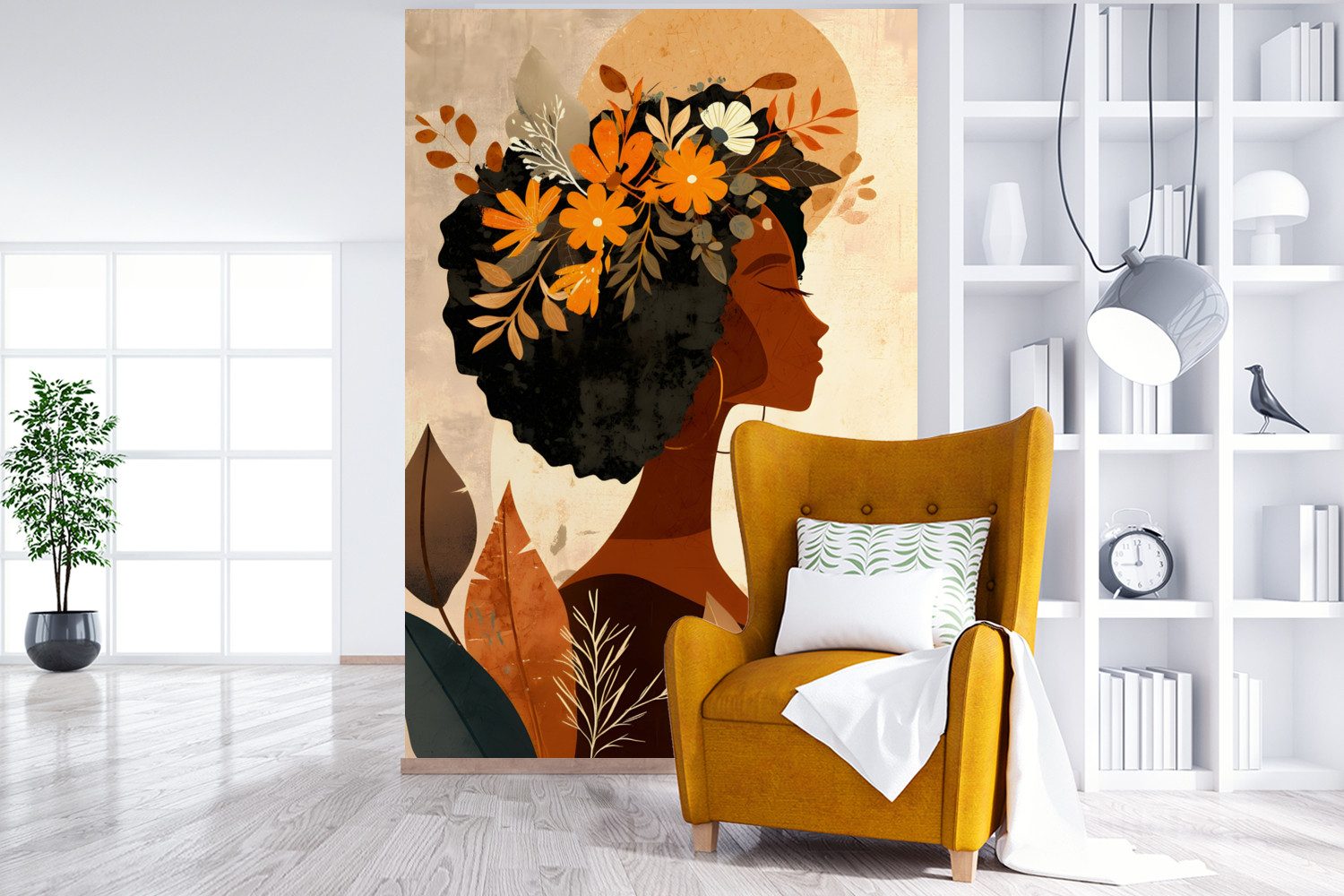 MuchoWow Fototapete Frau - Locken - Blumen - Beige, Matt, bedruckt, Montagefertig Vinyl Tapete, Wandtapete, 170x260 cm