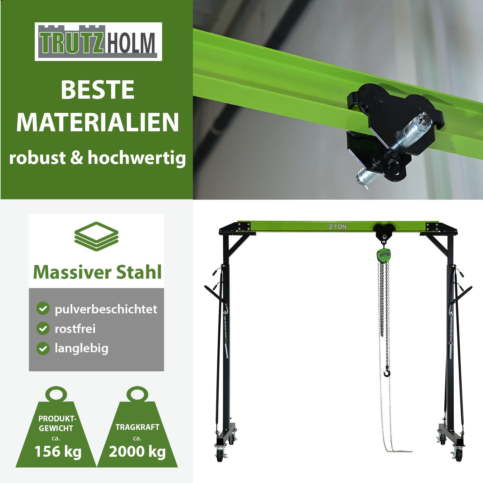 TRUTZHOLM Werkstattkran Portalkran mit Laufkatze Tragkraft 2 t Stahl Hubhöhe 2400 - 3600 mm, Tragkraft max.2t Kran 2 t inkl. Laufkatze Inkl. Laufkatze Höhenverstellbarer Kran, robustes Stahlgestell, Vollgummiräder, mobil