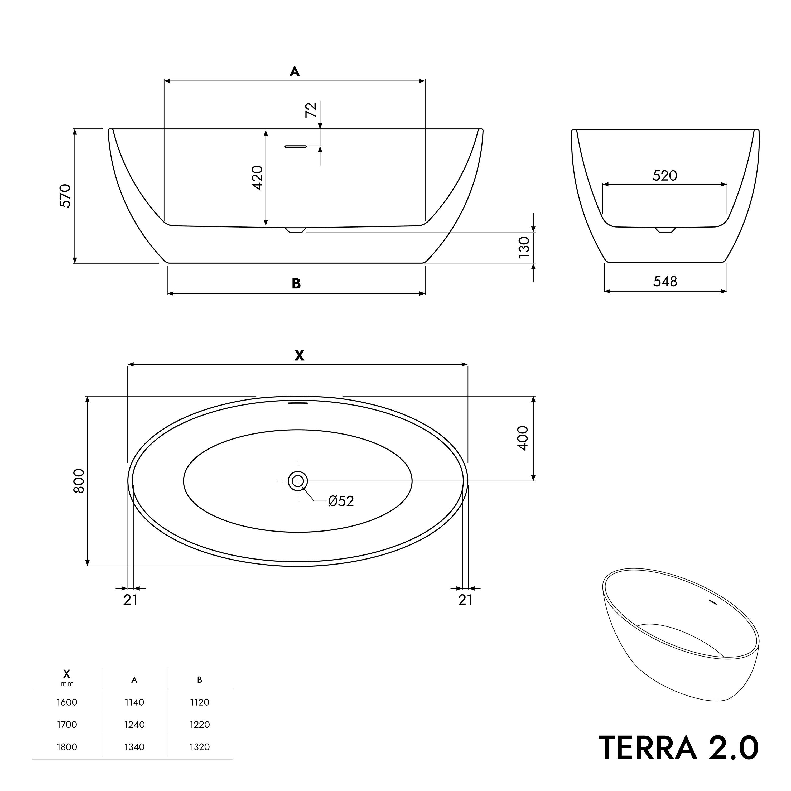 Bernstein Badewanne TERRA 2.0, Freistehende Badewanne / 180x80x60 cm / Weiß glänzend / Doppelwandig