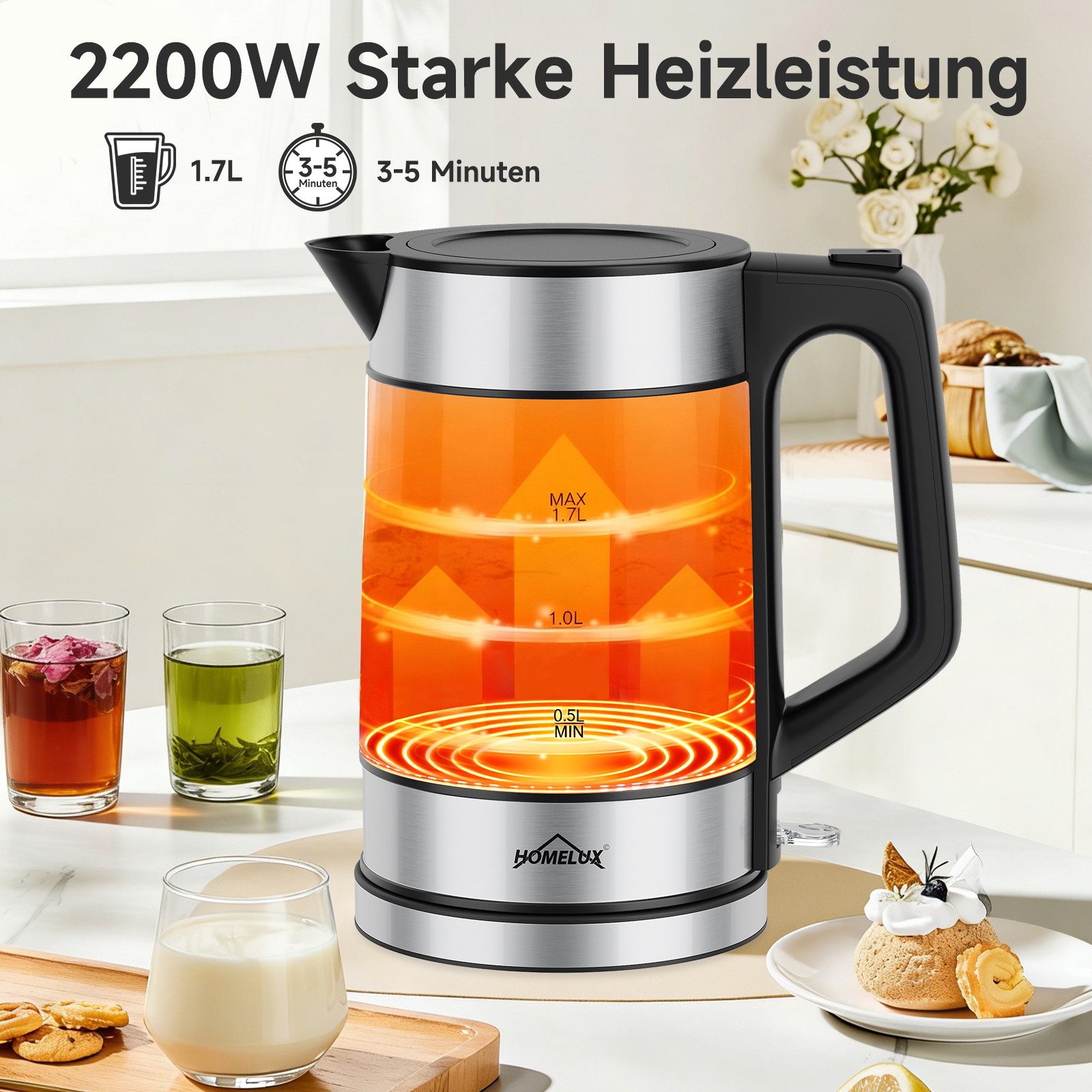 HOMELUX Wasserkocher Glas 1.7L Glaswasserkocher Mit Led-Beleuchtung Abschaltautomatik, 1.7 l, 2200 W, Glaswasserkocher mit Kalkfilter, Trockenlauf, BPA-Frei