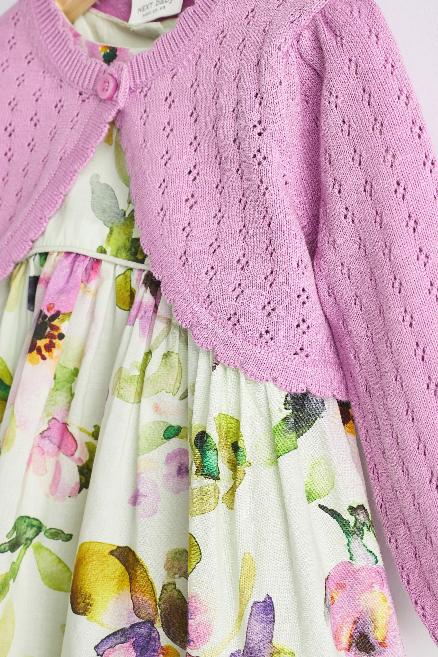 Babys Floral Gewebtes Partykleid Next Purple Strickjacke für und Kleid (3-tlg) Lilac