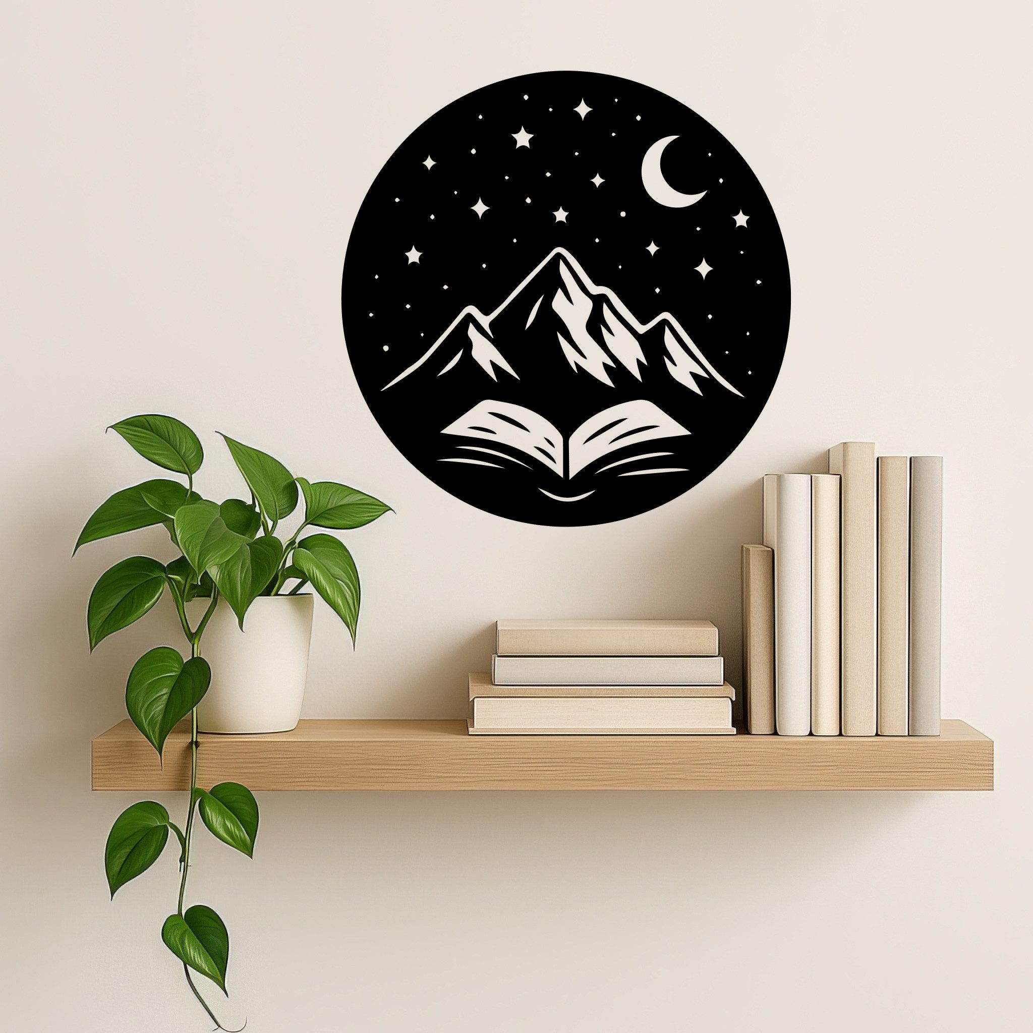 Sunnywall Wandtattoo Berge und Buch – rundes Design mit Sternenhimmel, selbstklebend, konturgeschnitten, rückstandslos entfernbar