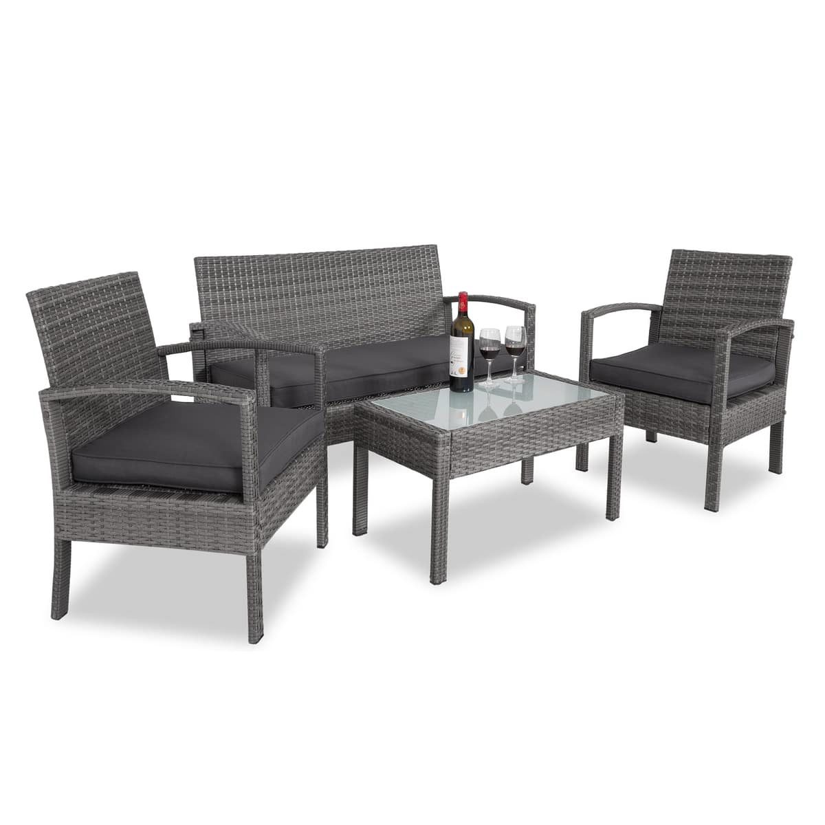 RANSENERS 4 Personen Gartenmöbel Set Grau - Polyrattan Loungeset Mit Tisch