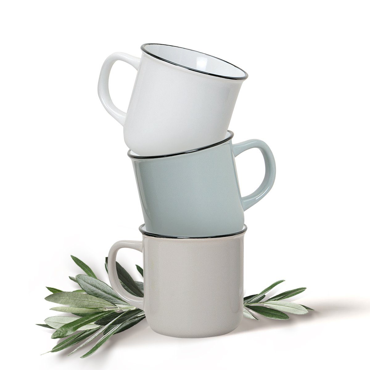 matches21 HOME & HOBBY Tasse Kaffeebecher 36er Set Emaille-Optik einfarbig Vintage, 36-tlg., Keramik, Tee Kaffee-Becher modern beige braun weiss grau 240 ml