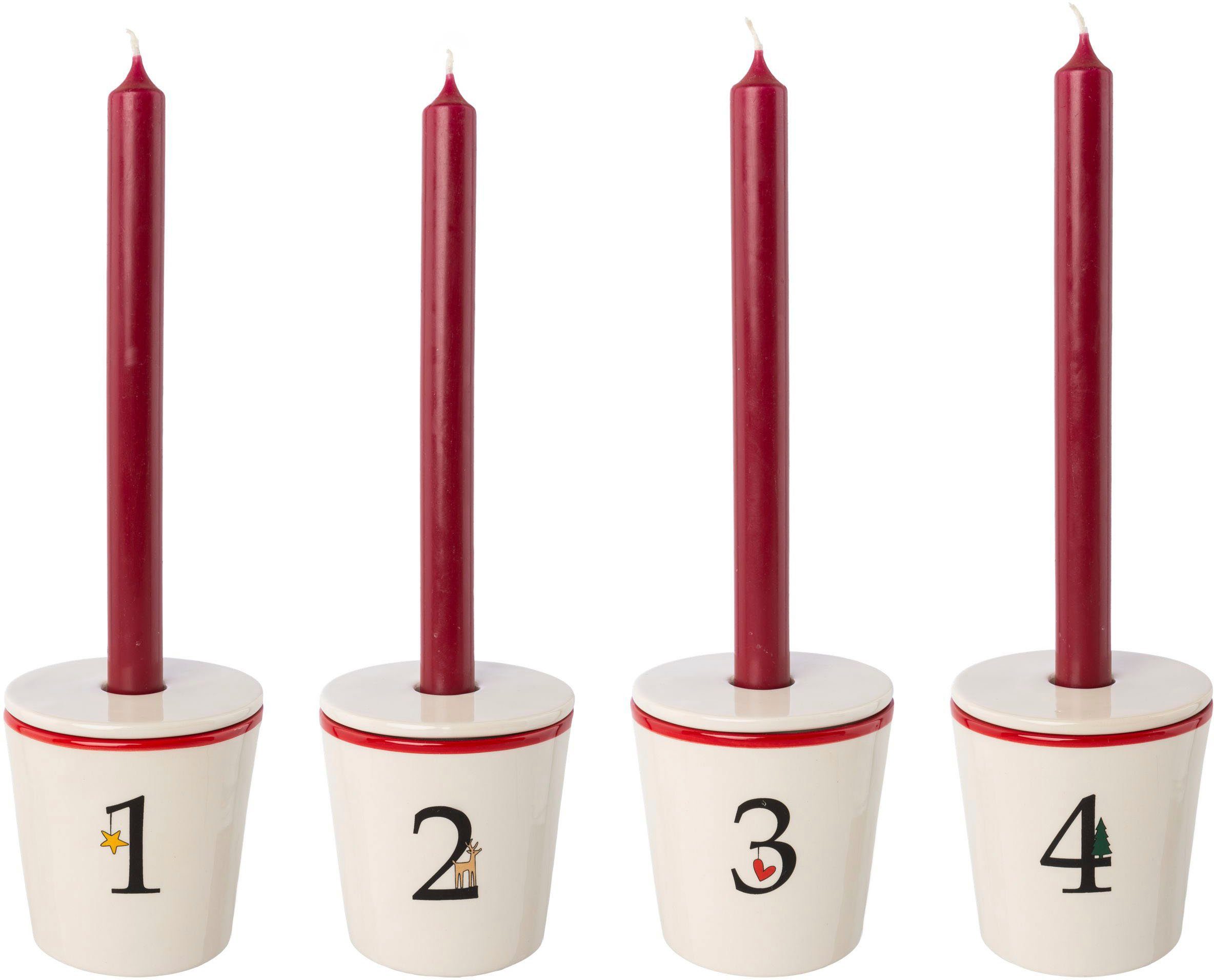 Creativ deco Kerzenhalter Stabkerzenhalter für die Adventszeit, Weihnachtsdeko (Set, 4 St), Becher aus Keramik mit Cover 1 bis 4, Höhe ca. 10 cm, Adventsleuchte – Bild 2 von 5