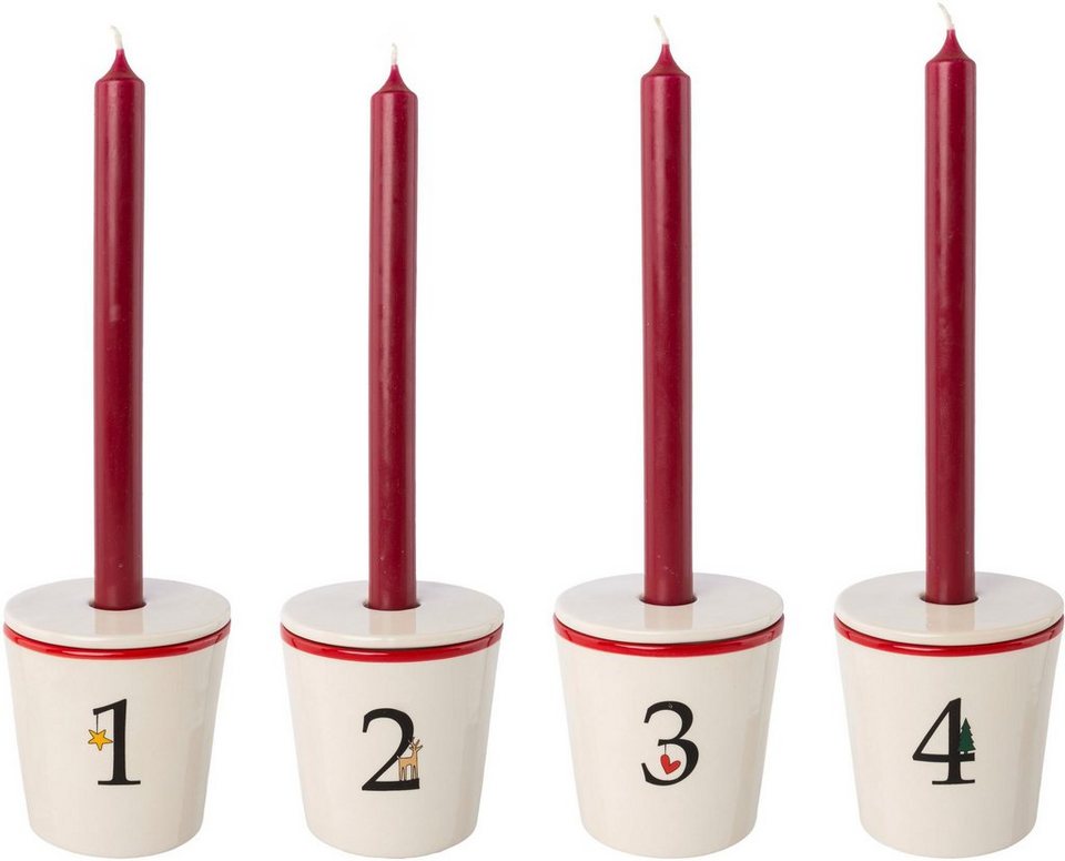 Creativ deco Kerzenhalter Stabkerzenhalter für die Adventszeit,  Weihnachtsdeko (Set, 4 St), Becher aus Keramik mit Cover 1 bis 4, Höhe ca.  10 cm, Adventsleuchter