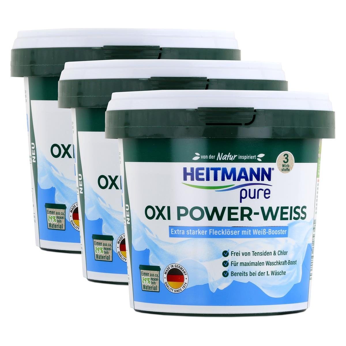HEITMANN Flecklöser mit (3er - pure Heitmann Vollwaschmittel Power-Weiss Oxi Weiß-Booster 500g