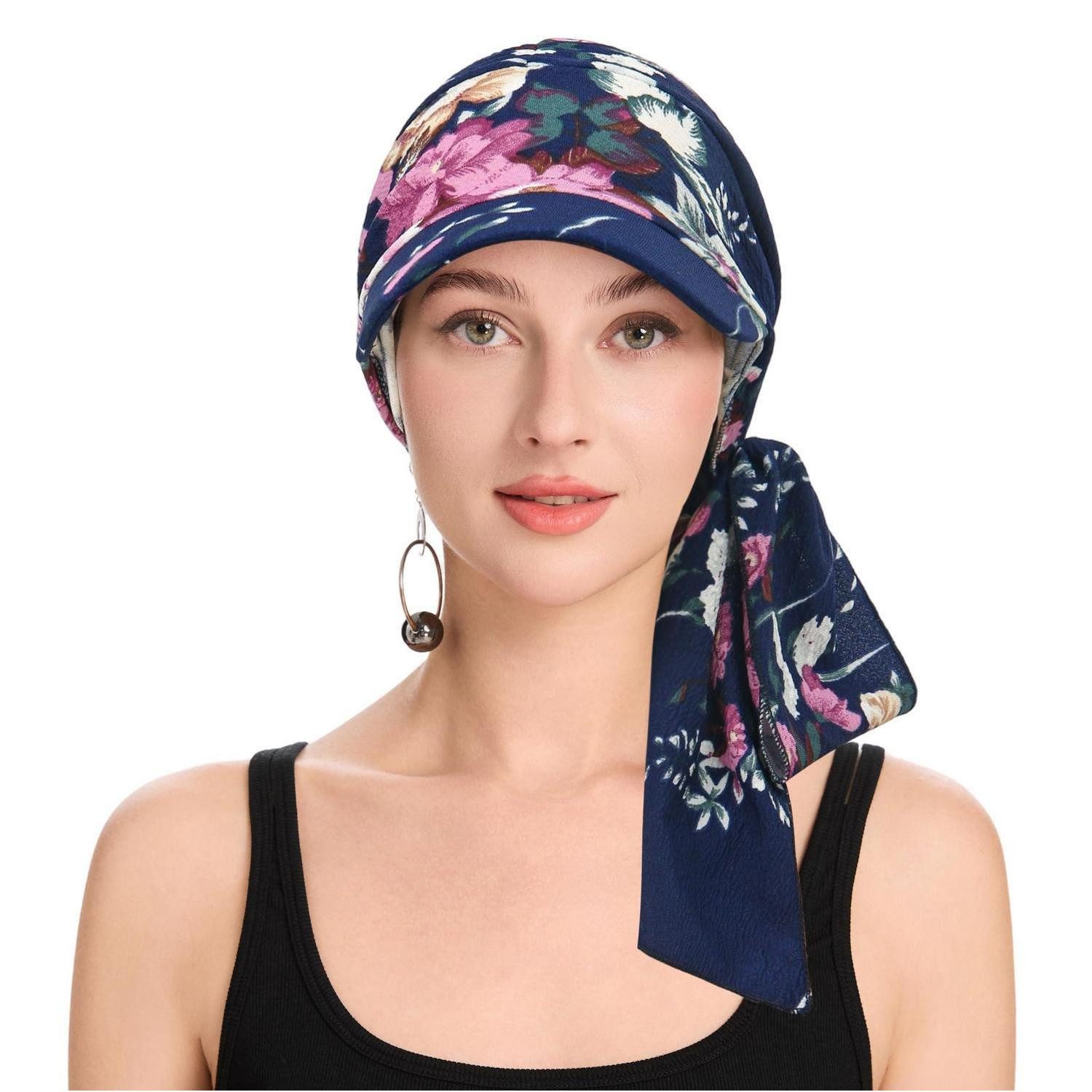 LuxusKollektion Turbanmütze Chemo Kopfbedeckung Damen Krempe Gebunden Blumenmuster Marineblau