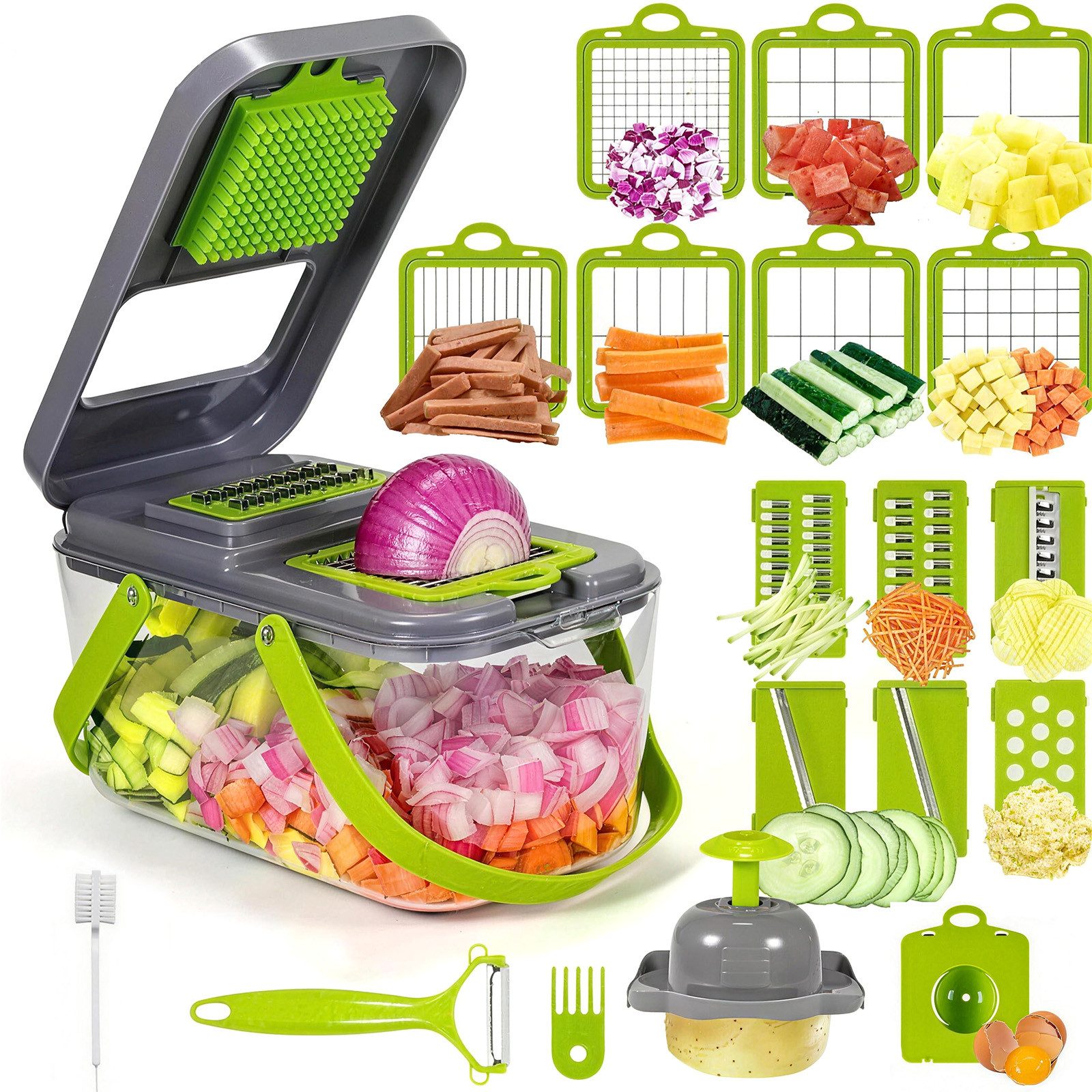 AIMAX Gemüseschneider 22-in-1 Multifunktionaler manueller Gemüseschneider, Abtropfkorb, Klingenaufbewahrungsbox, komplettes Zubehörset